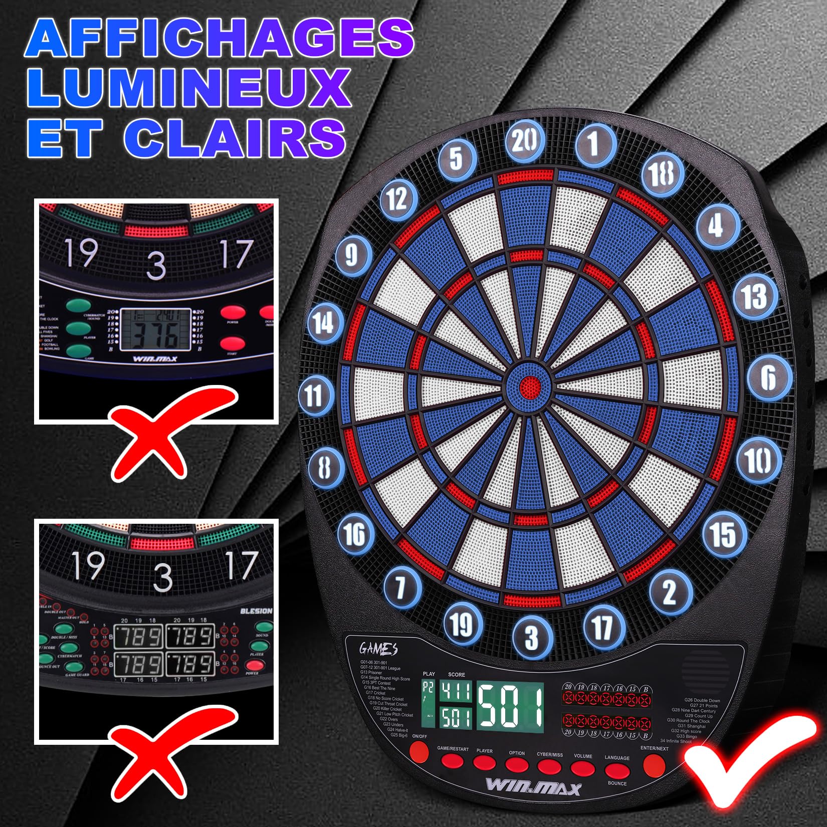 Cible de fléchettes électronique Professionnelle 34 Jeux avec 354 Variantes 3 Langues : Allemand, Anglais, français pour 1 à 8 Joueurs avec 12 fléchettes