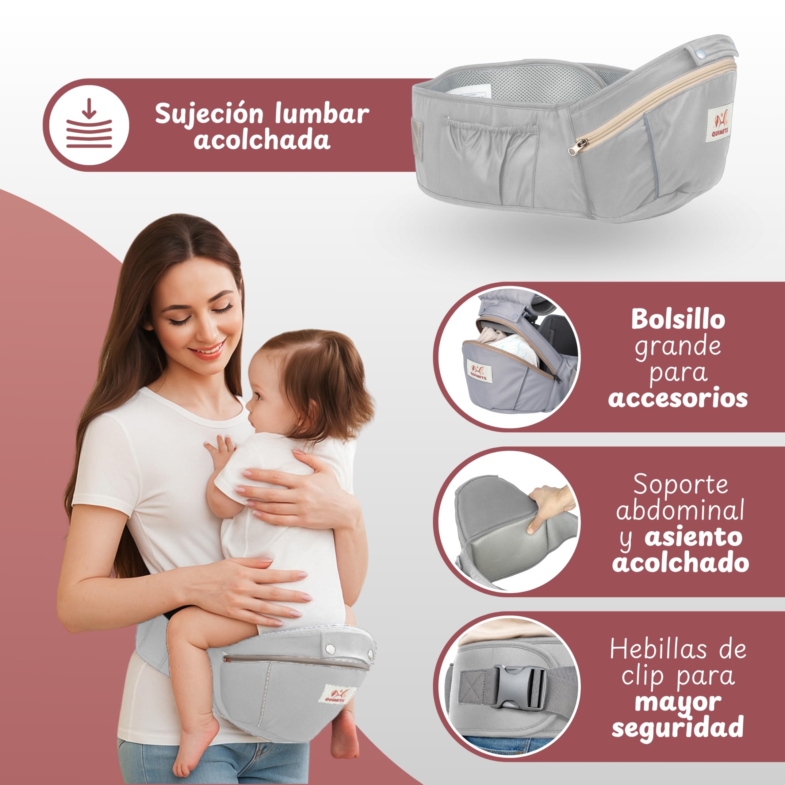 QUIMETS | Mochila Portabebés 6 en 1 Recién Nacido Transpirable y Ergonómica – Suave, Ligera e Ideal para Largos Paseos – Ajuste Cómodo para Mamá y Papá – Incluye Muselina de Regalo — view 4