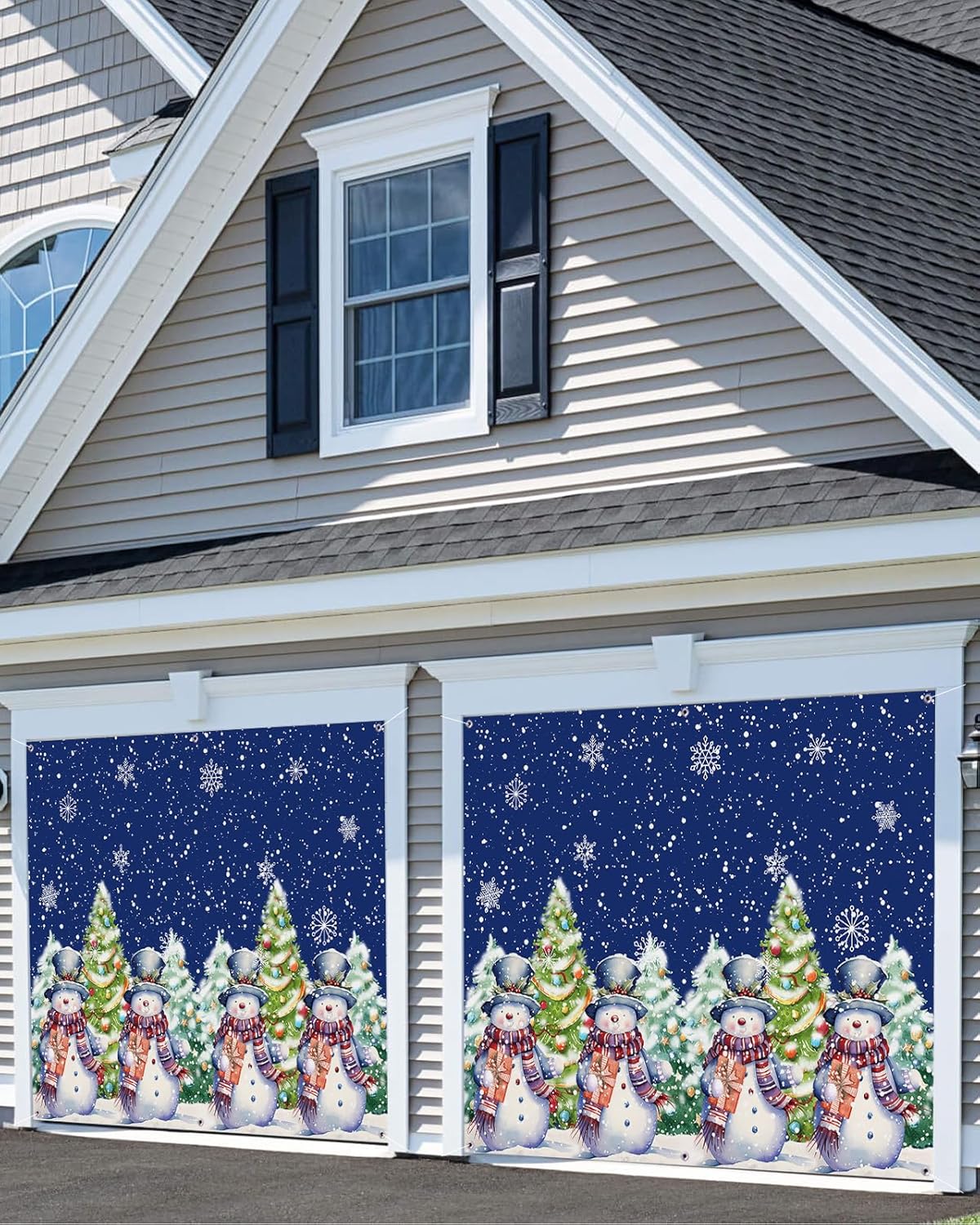 Snowy Snomman Garage Door Banner Cover Decorations,Large Outdoor Hanging Garage Door Covers Christmas Thanksgiving Halloween Wall Backdrop for Holiday Party,Christmas Snowflake Xmas Gift Tree 6.8x16ft