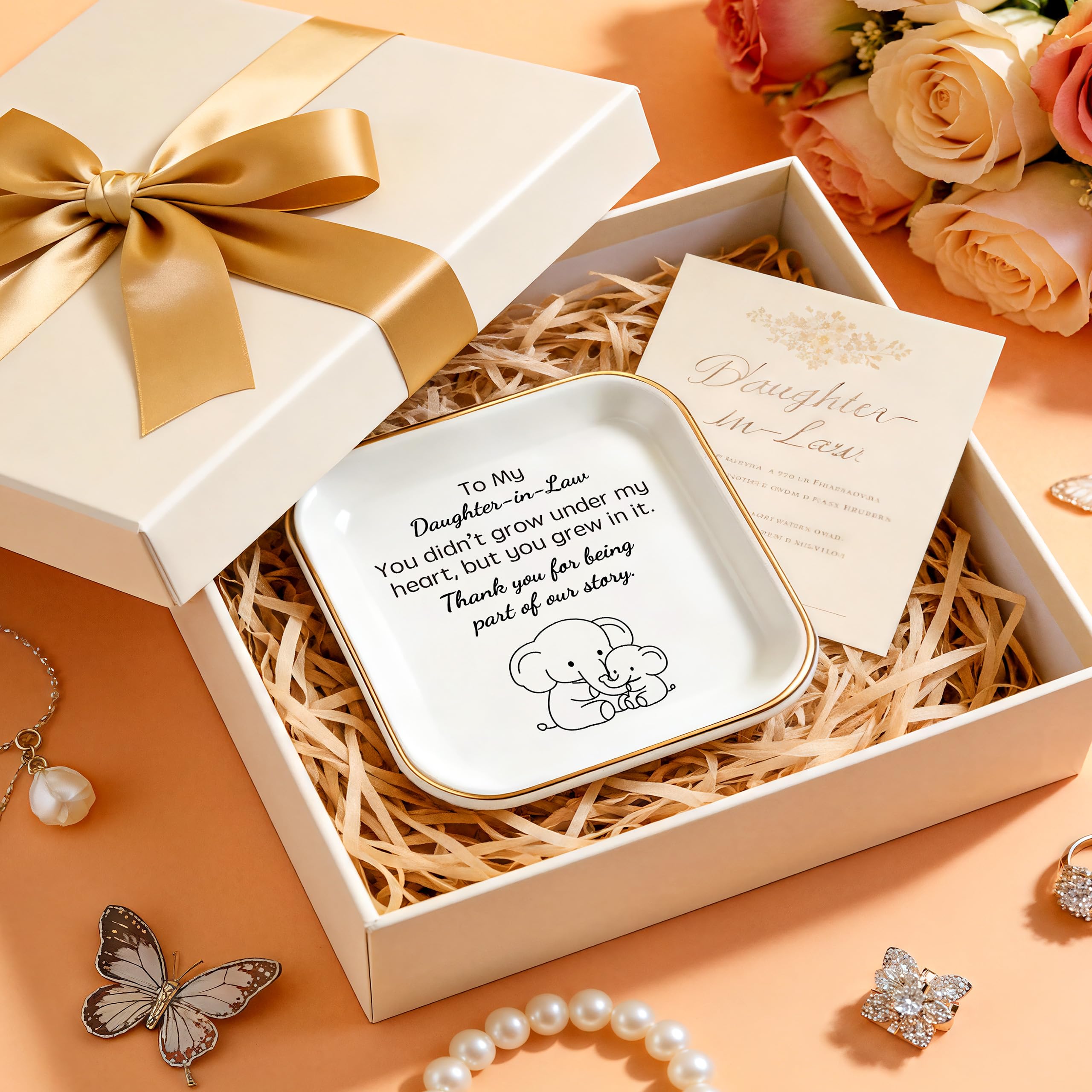 Regalos de elefante para nuera, cumpleaños, boda, Navidad, Día de la Madre | No creciste bajo mi corazón, pero creciste en él. Plato para anillos de cerámica de 4 pulgadas