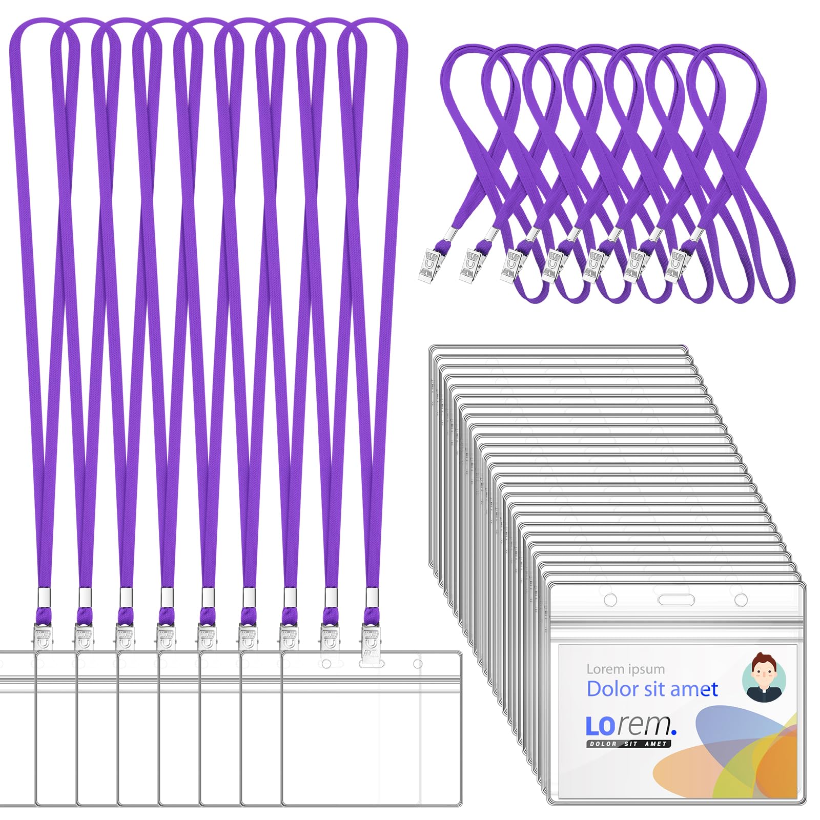 Lot de 100 cordons pour badges d'identité et 100 porte-badges d'identification horizontaux en plastique transparent, tour de cou plat avec clip étanche et refermable pour porte-nom (violet)