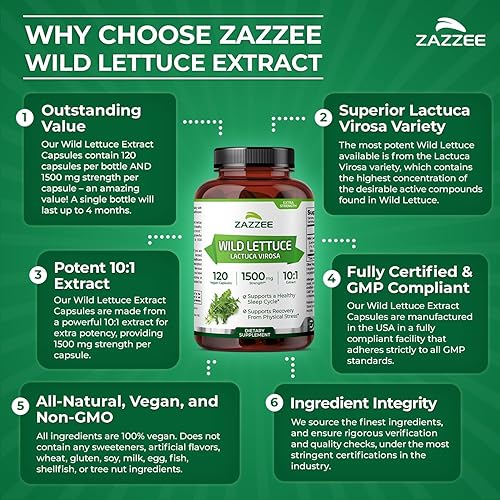 Miniatura 5 de Zazzee Extracto de lechuga silvestre extra fuerte 4:1, 500 mg de fuerza, 120 cápsulas veganas, potente variedad Lactuca Virosa, extracto 4X