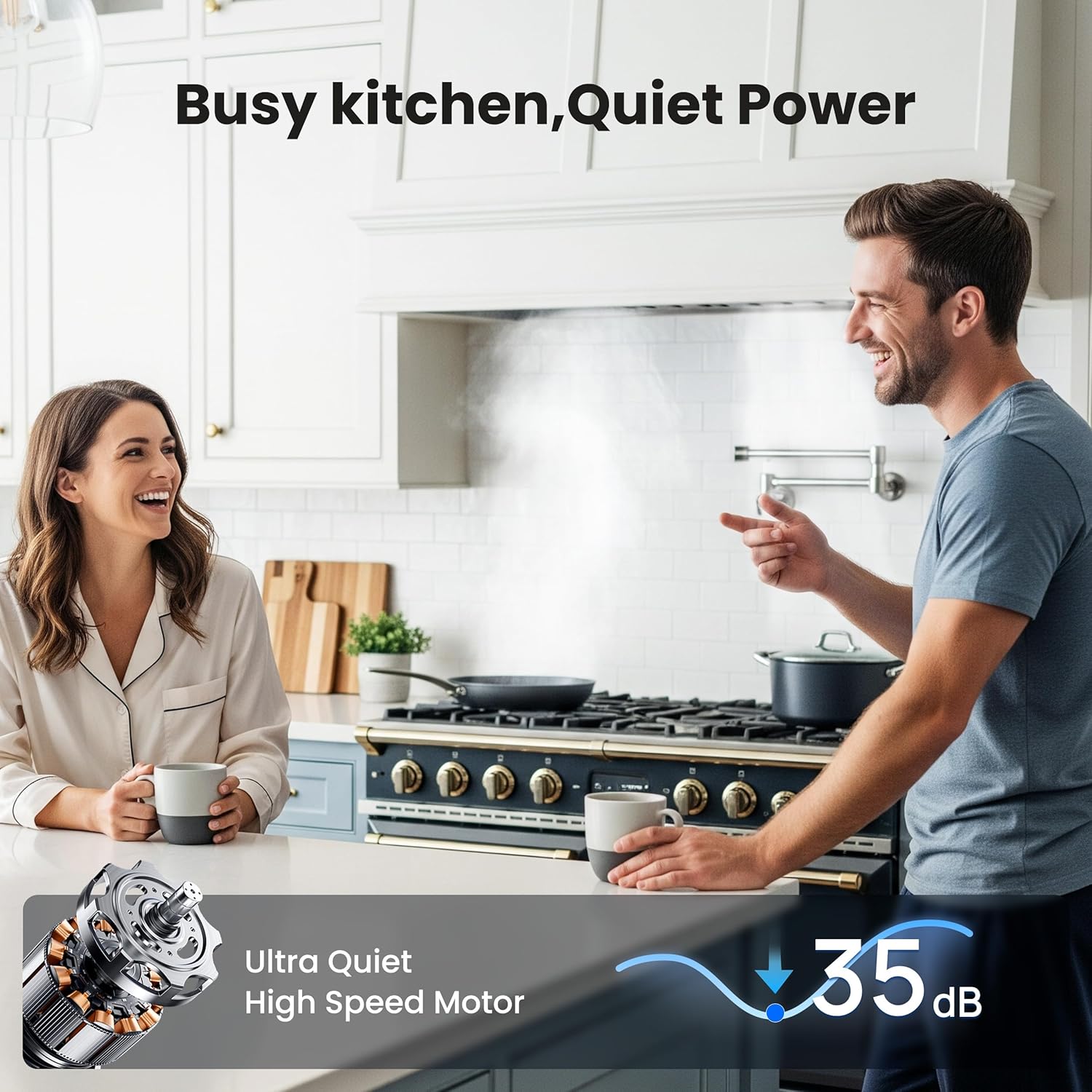 Illustration of the VIKIO HOME Range Hood's ductless operation with an activated carbon filter.