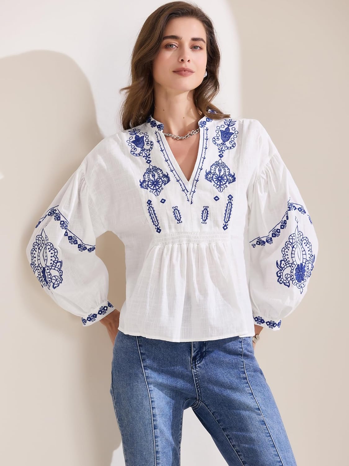 Allegra K Women's Summer V Neck Boho Mexican Embroidered Tops Peasant Blouse Lantern Sleeve Shirts Casual Tops - Image 2