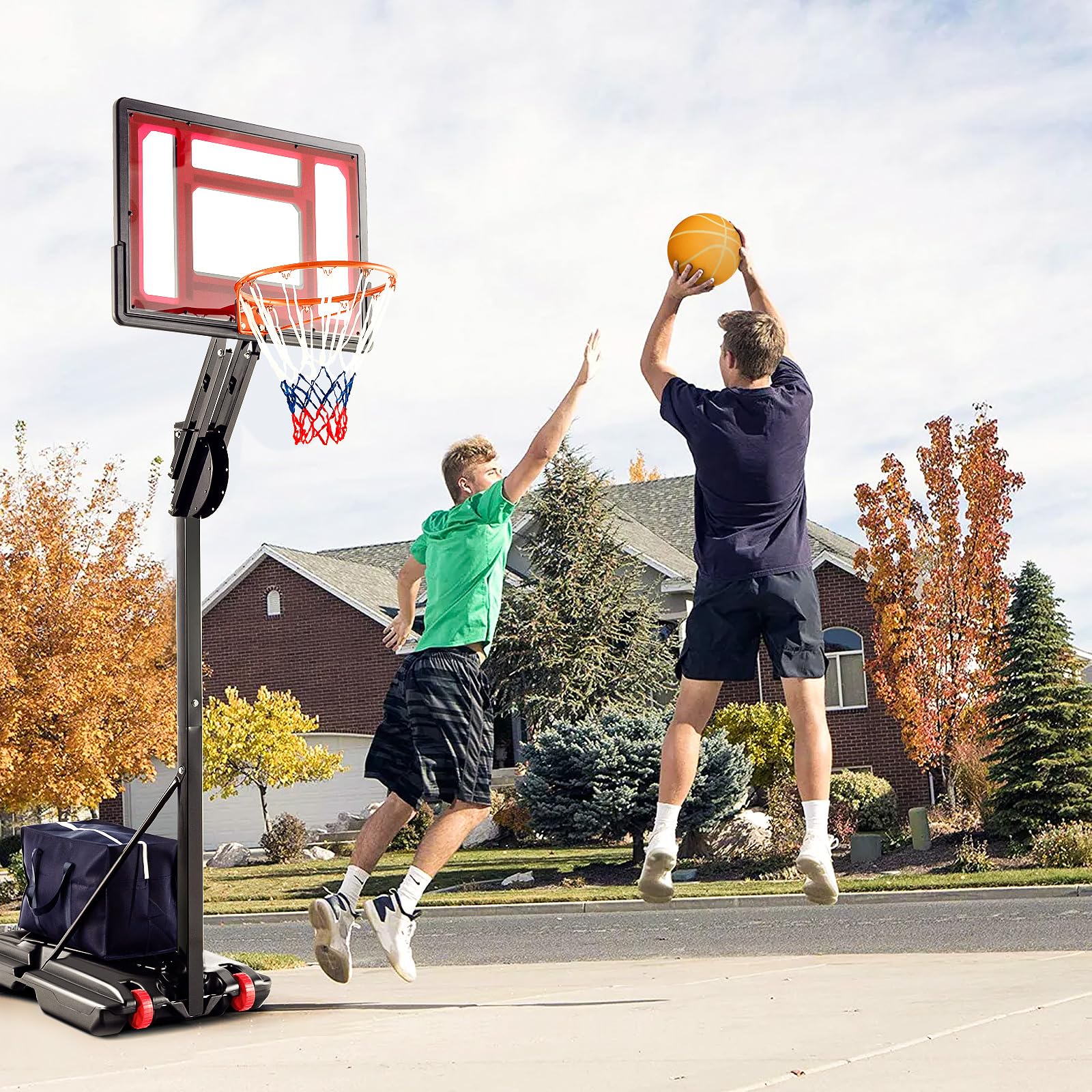 GYMAX Panier Basket Extérieur pour Adultes Enfants, Hauteur 105-260cm, Ballon & Pompe & Sac de Poids Fournis, Base Remplissable, Mobile avec Roues, Panneau Incassable