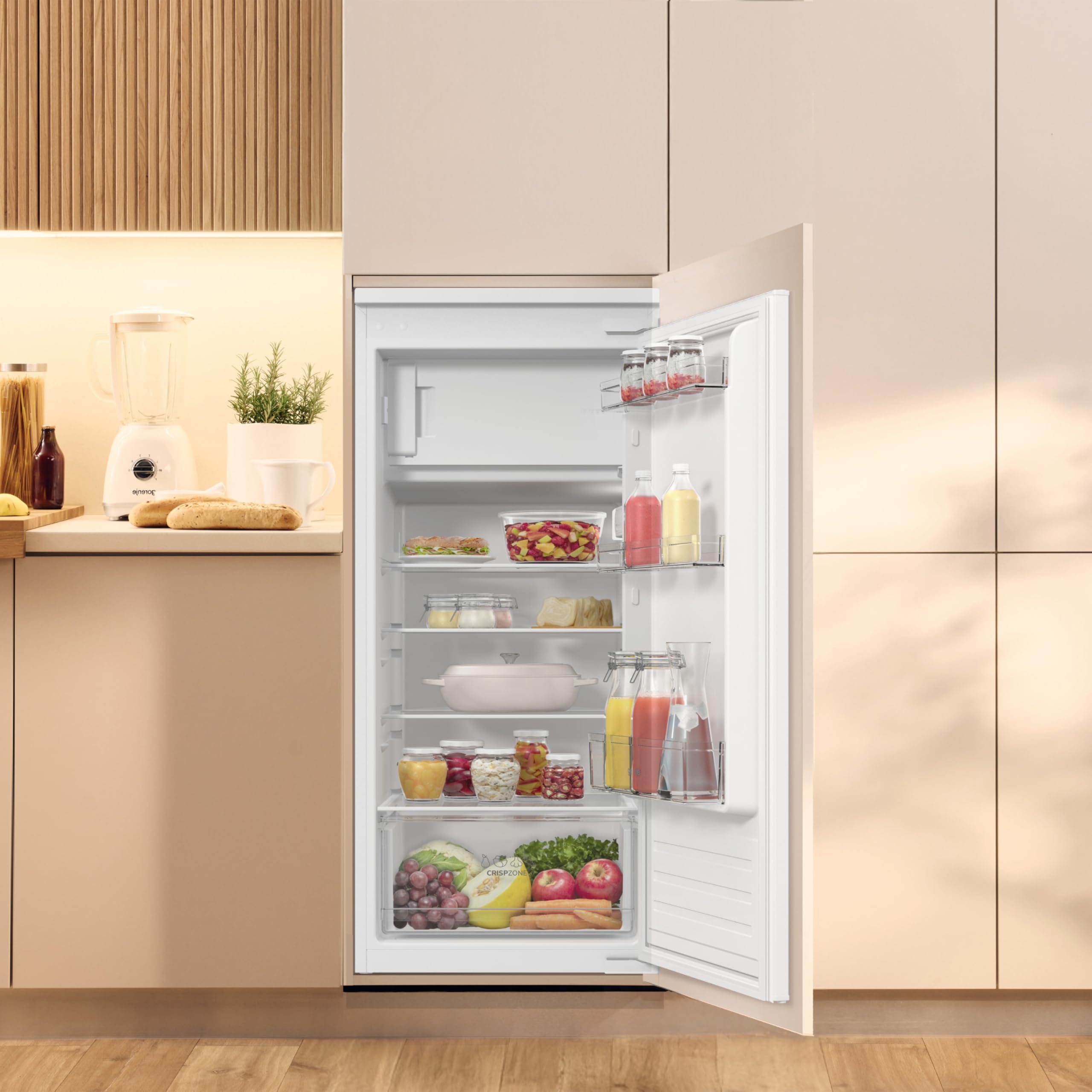 Gorenje RBI512E21 EinbauTischkühlschrank mit Gefrierfach, 122cm Nische, Schlepptürscharnier, 179L(163L plus 16L), Inverter, CrispZone, Türalarm, LED Licht, BxHxT: 54×122,1×54,5 cm, Weiß