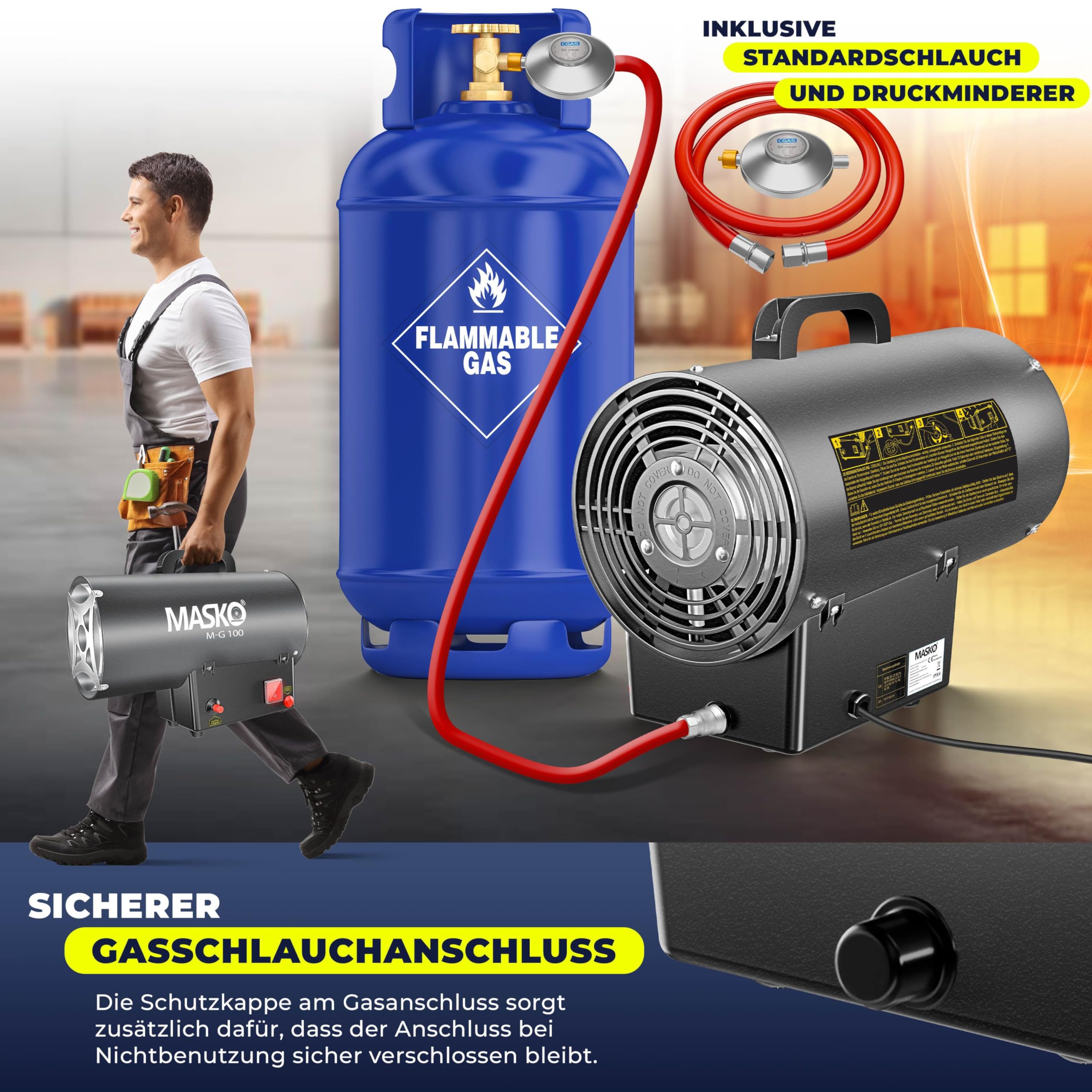 MASKO® Termoventilatore a Gas Riscaldatore 10 KW generatore d'Aria Calda con Tubo del Gas Antracite