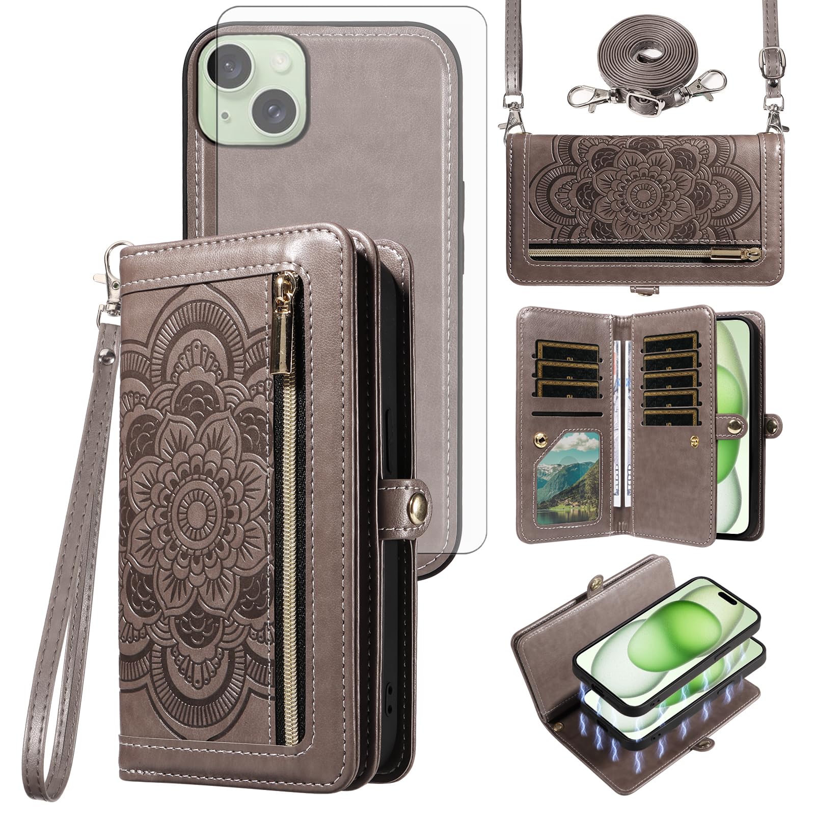 Asuwish Phone Case for iPhone 15 Plus 6.7 inch Zipper Wallet Detachable Cell Cover with Tempered Glass Screen Protector Crossbody Strap Mandala Flower