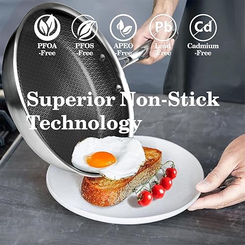 Miniatura 3 de Sartenes antiadherentes con tapa, juego de sartenes de acero inoxidable de 10 pulgadas con sartén híbrida de acero inoxidable de cerámica,