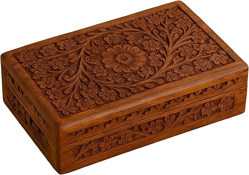STORE INDYA Caja de madera tallada floral hecha a mano de 8 x 5 pulgadas, multiusos para almacenar joyas, monedas, tarjetas de tarot, cofre del