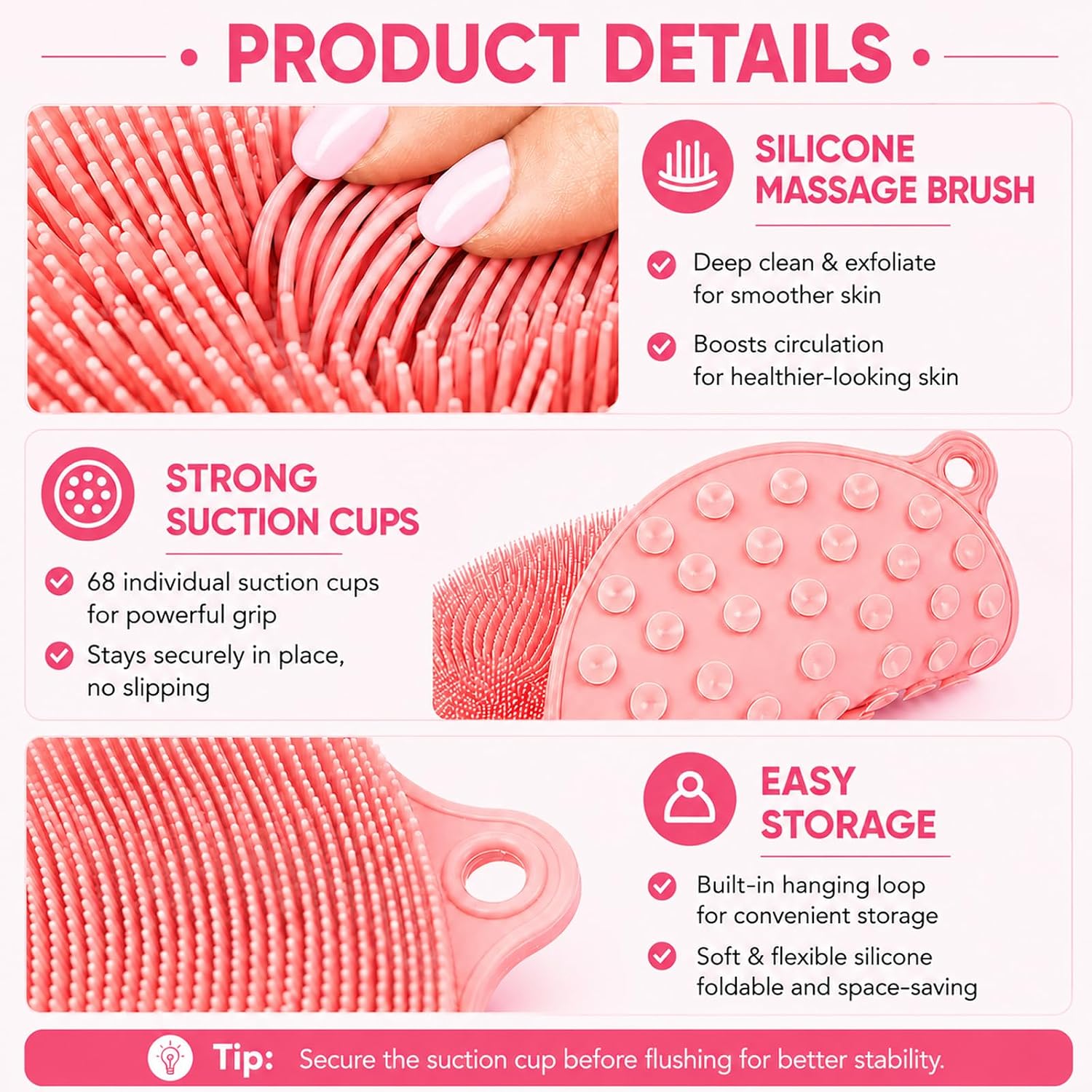 21.3" Silicone Foot & Back Scrubber Mat, Non-Slip Suction Cups Pink image 2