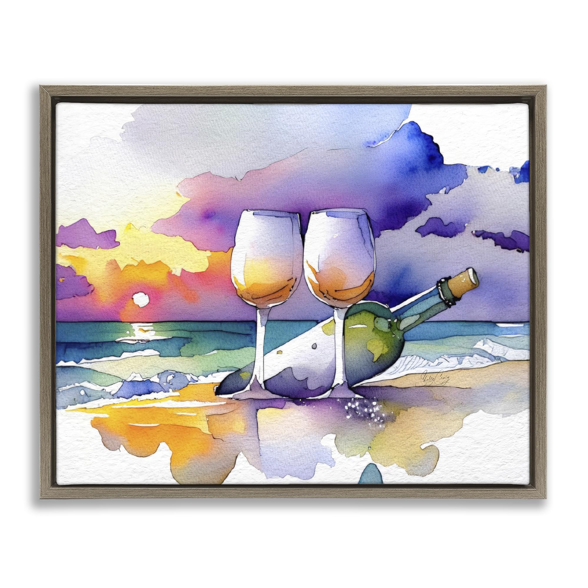 Stupell Industries Montalcino Elm (Textured) 'Coastal Cheers With Wine', Floating Frame Canvas Art, Brown, 31 X 25 Inches, Easy To Hang And Sturdy, Made In Usa, By Shelly Craig