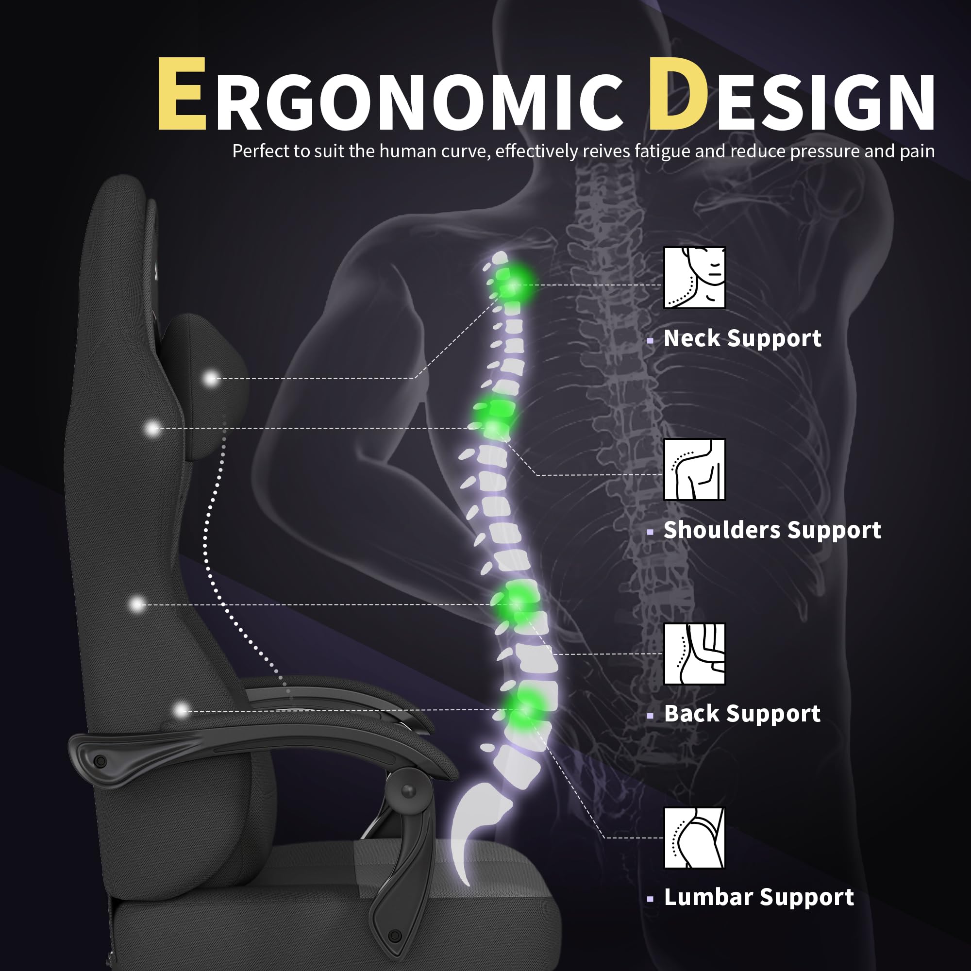 Ulody Sedia da gioco, ergonomica, con poggiapiedi, sedia per PC con poggiatesta e cuscino lombare, girevole a 360 gradi, in tessuto regolabile in altezza(GRIGIO)