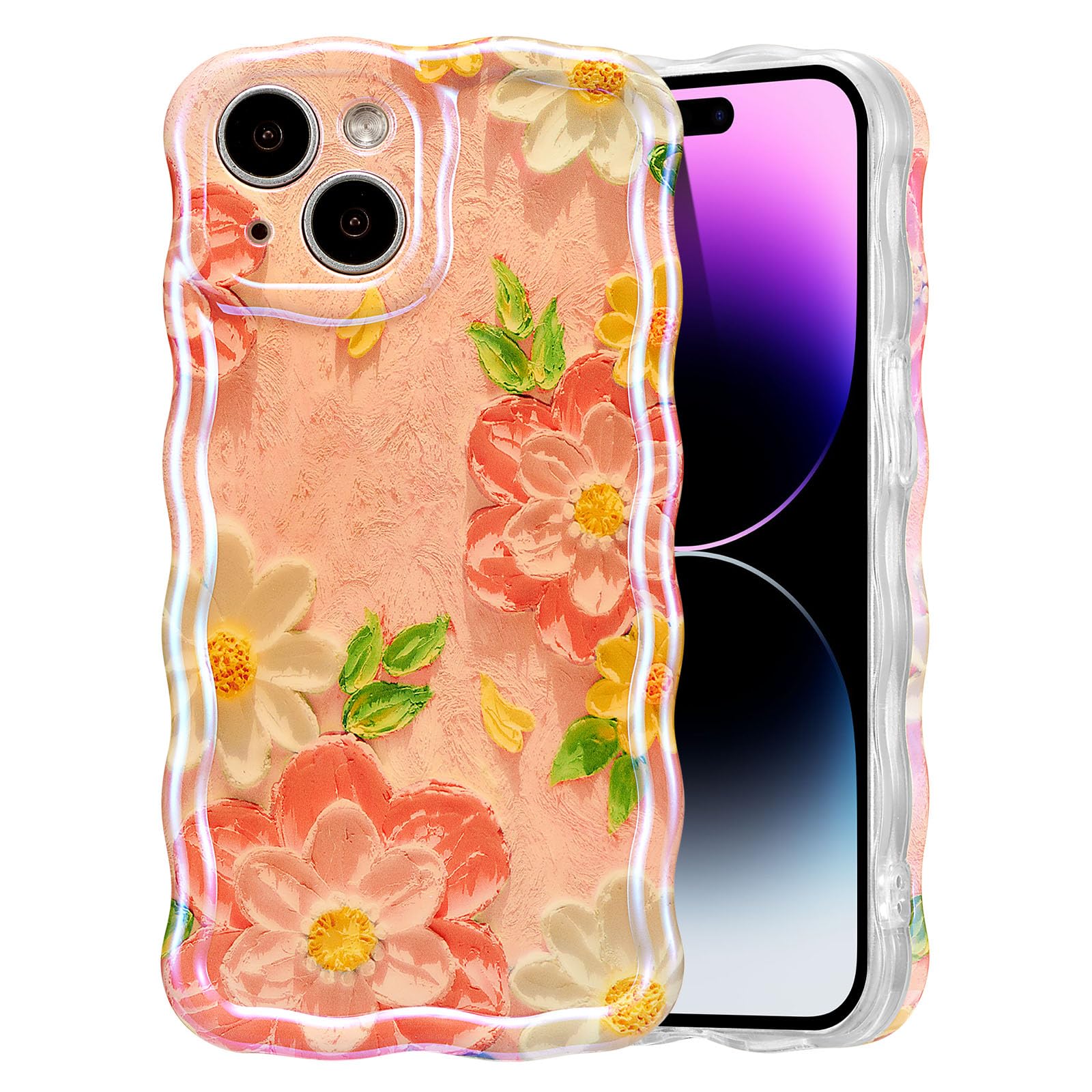 EYZUTAK Case for iPhone 15, Colorful Retro Oil Painting Flower Laser Beam Glossy Pattern Cute Curly Waves Border Exquisite Phone Cover Stylish Durable Soft TPU Protective Case for Girls Women - Green — view 27