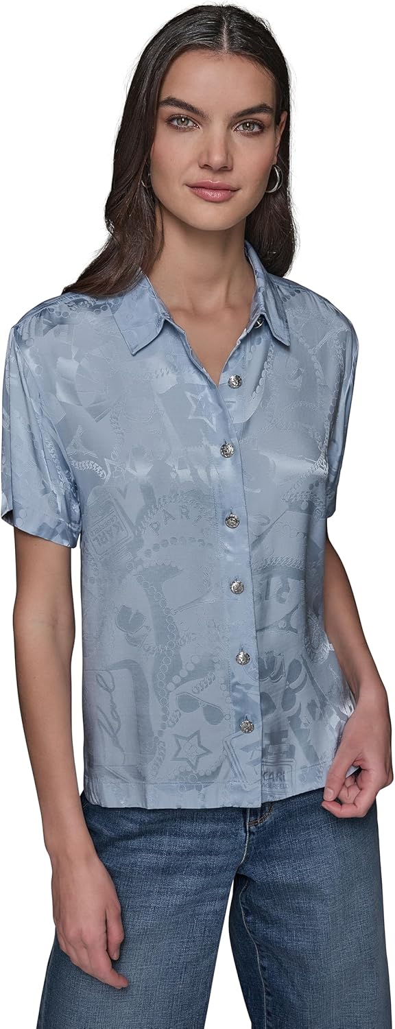 Karl Lagerfeld Womens Short Sleeve Whimsy Loose Fun Blouse