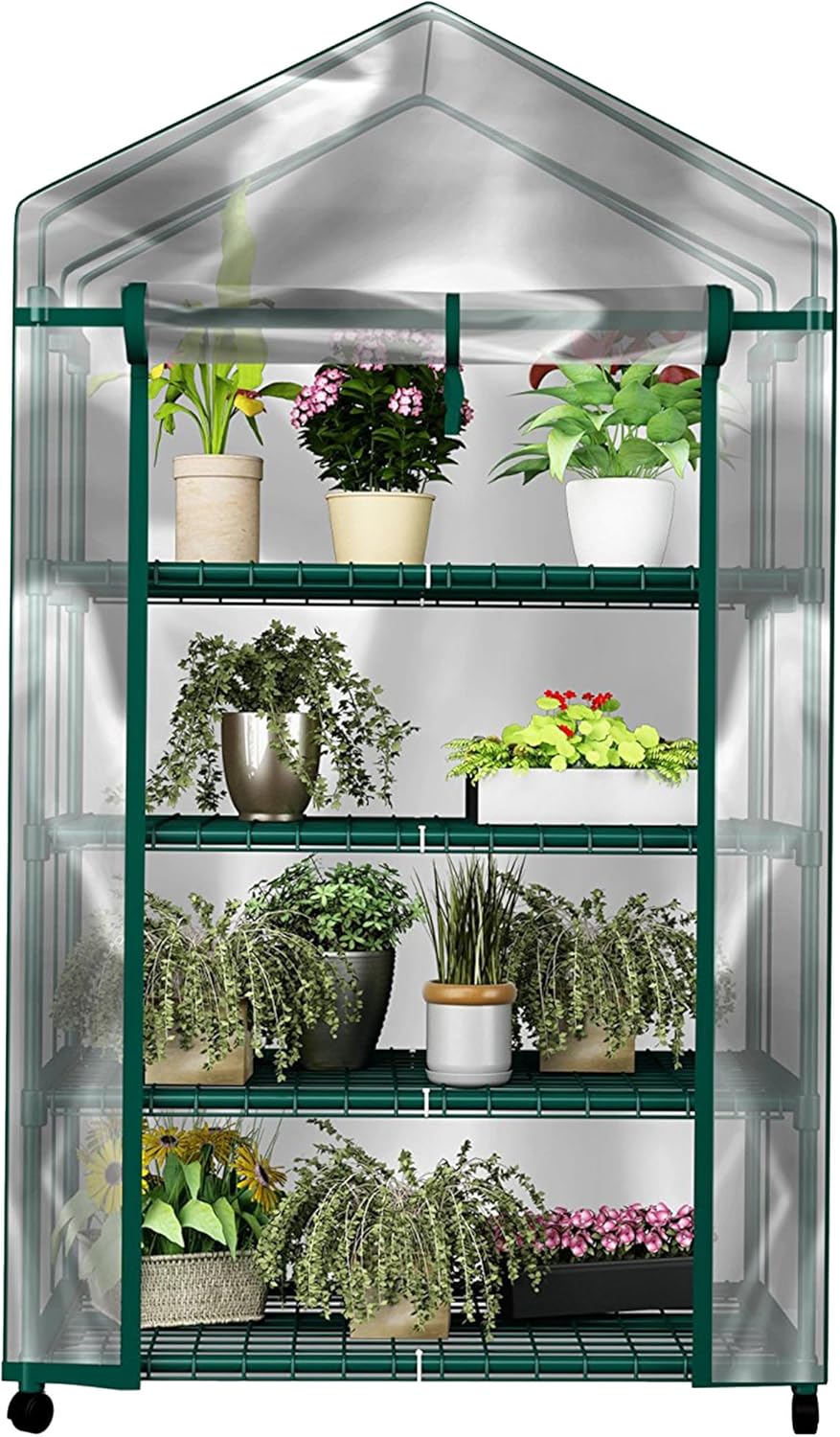 4 Tier Mini Greenhouse - Portable Greenhouse with Locking Wheels
