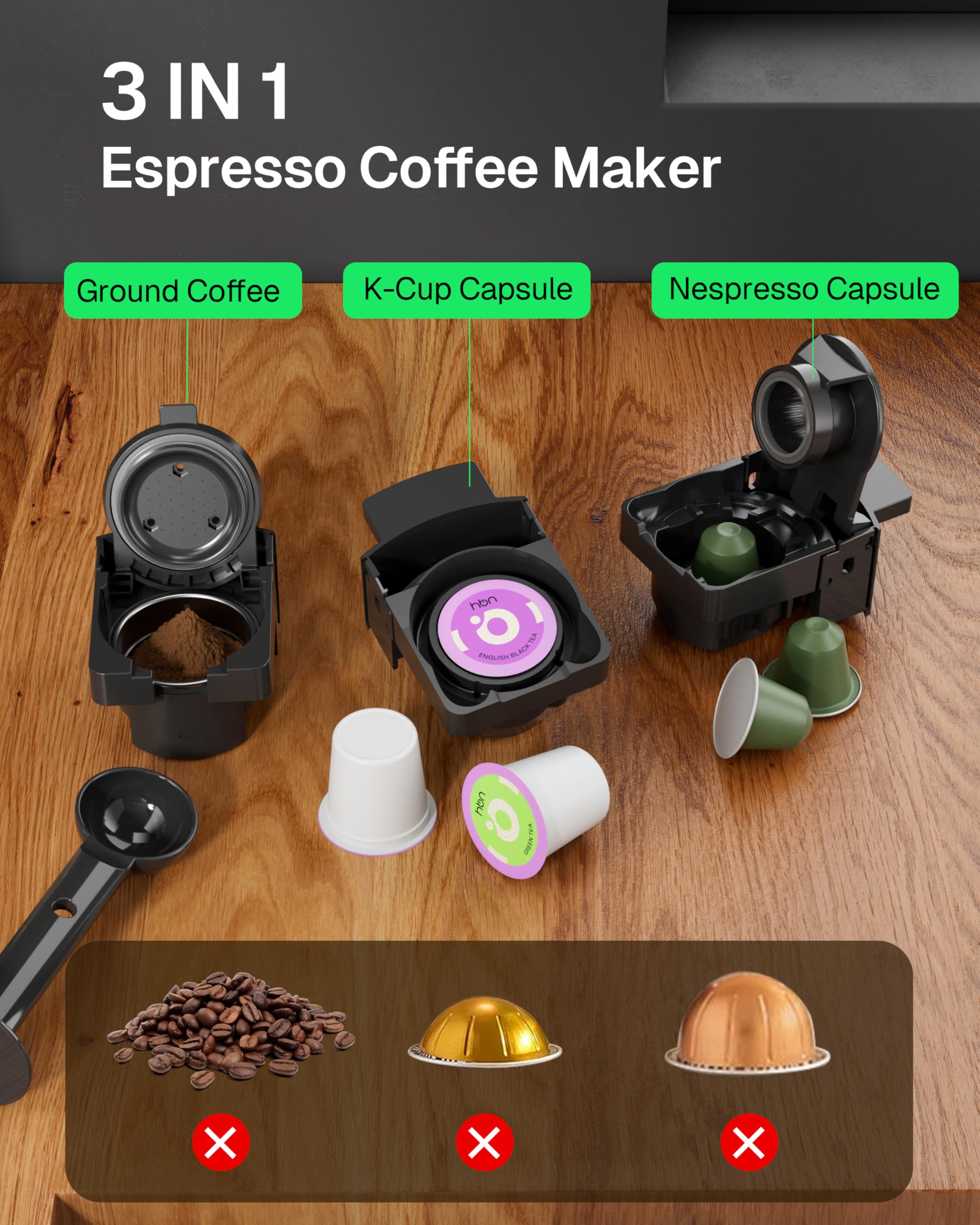 HBN 3 en 1 cafetera multicafetera de un solo servicio, para cápsulas K-Cup y café molido, máquina de elaboración programable de un solo toque, tanque de agua extraíble de 0,6 l, 19 bar, calor rápido