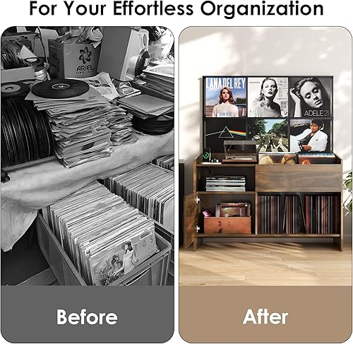 Miniatura 8 de Soporte para tocadiscos con almacenamiento de vinilo, mesa para tocadiscos con almacenamiento de discos de vinilo de hasta 500 álbumes, soporte