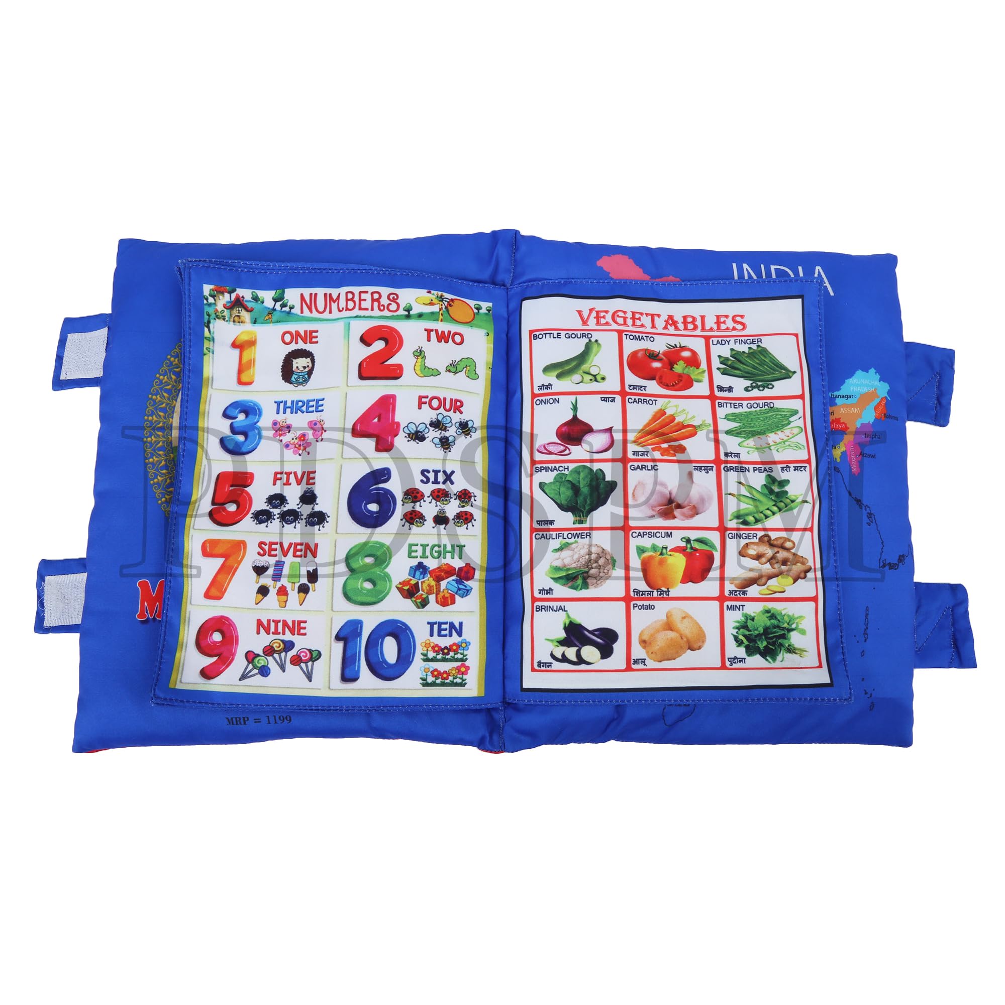 PDSPM Learning Cushion Pillow Book for Kids with 2 Languages Learn - English and Hindi, Activity Play, Soft Cloth Book Baby Pillow Toy,(Cushion Blue) - Image 4 thumbnail