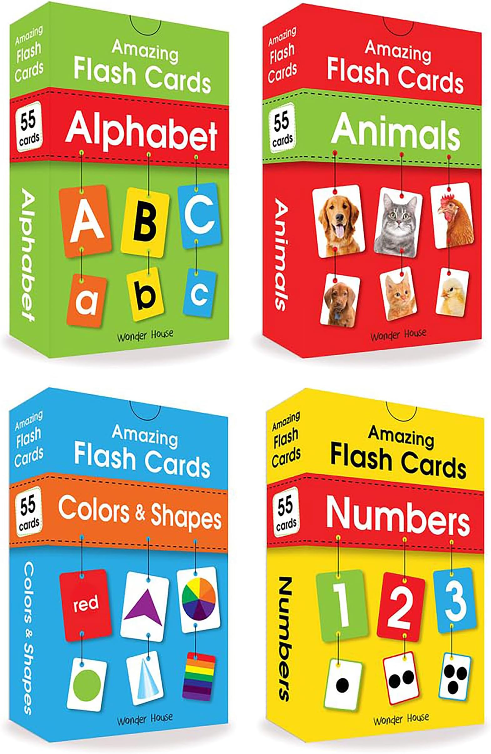 Amazing Flash Cards Set Of 4 Boxes: Early Development OF Preschool Toddler (220 Cards, Alphabet, Number, Animals, Colors And Shapes)