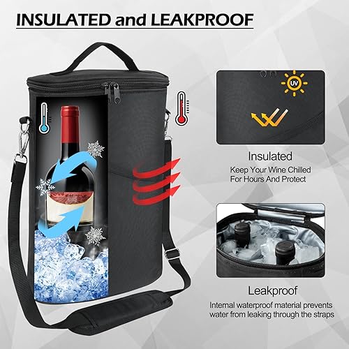 Miniatura 3 de bruwaa Bolsa enfriadora de vino para 2 botellas, a prueba de fugas, acolchada, con asa y correa de hombro ajustable, para viajes, degustación de