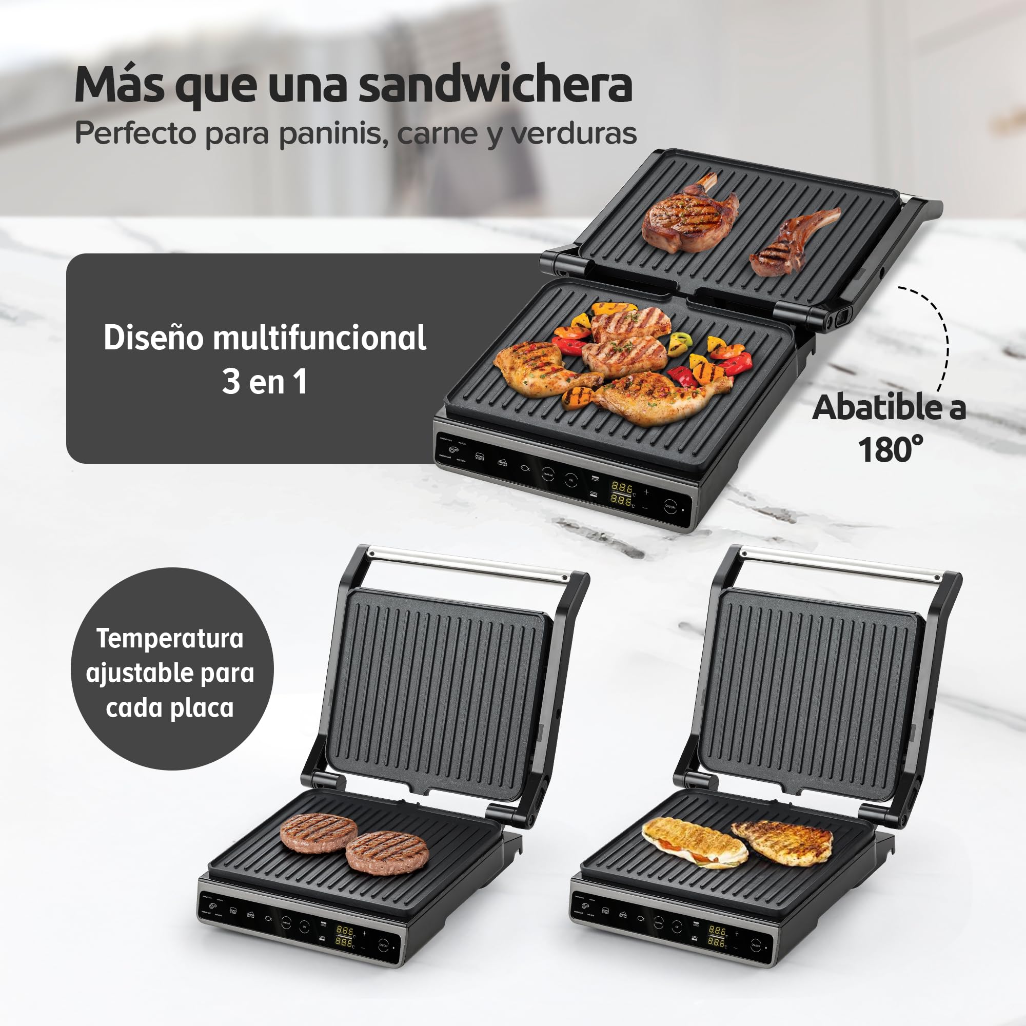 Olvy Parrilla de Contacto con Pantalla Táctil - Sin PFAS - 7 Programas Automáticos - Apertura 180° 1800W - Placas Antiadherentes - Termostato & Temporizador - Sandwichera & Grill para Paninis de Ace