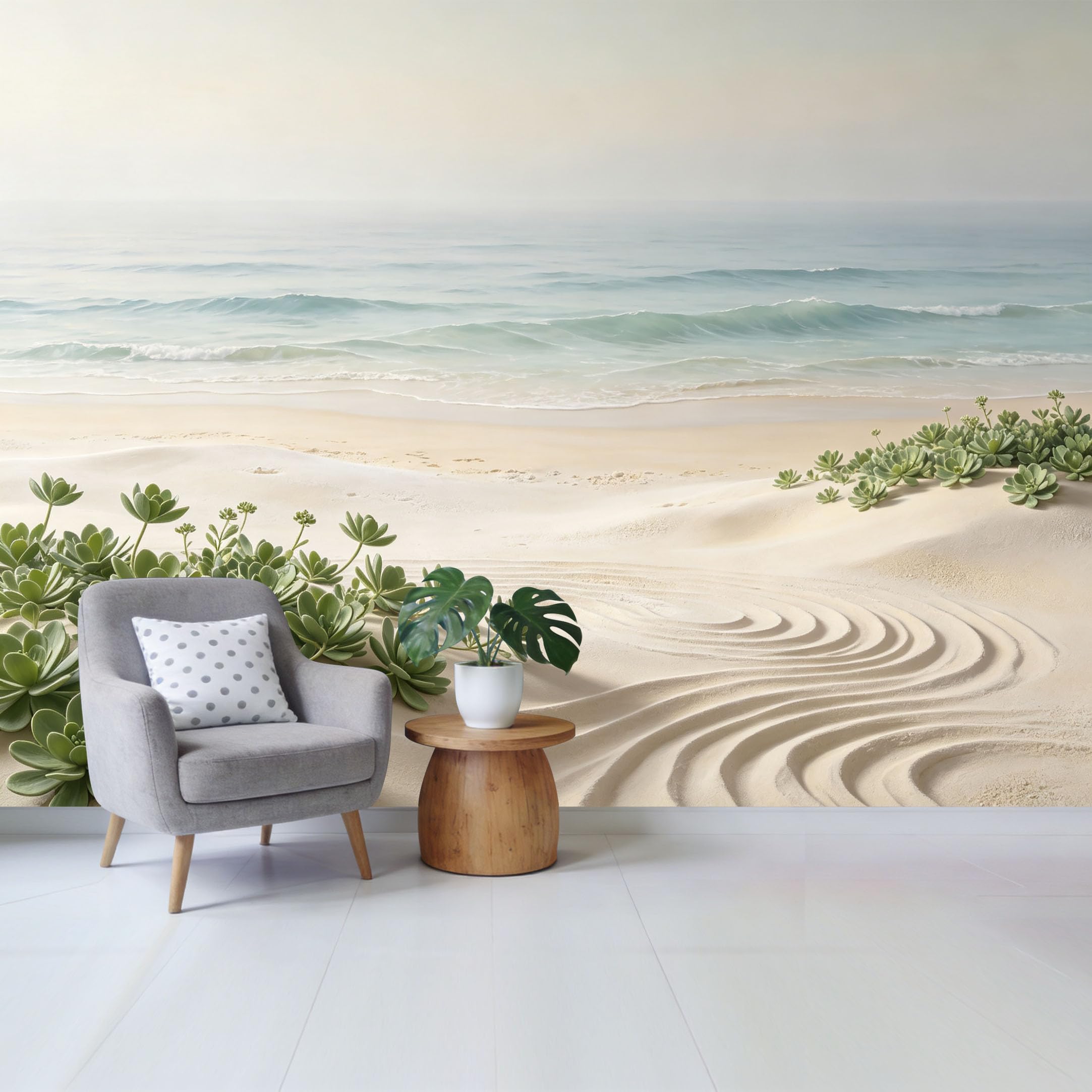 Qzlithotic Yq2605250932 Custom Size Wall Mural Coastal Sandy Beach Ocean Waves Succulent Plants Minimalist Zen Sand Ripple Selfadhesive Wall Fabric Removable Wallpaper For Home Office Decor