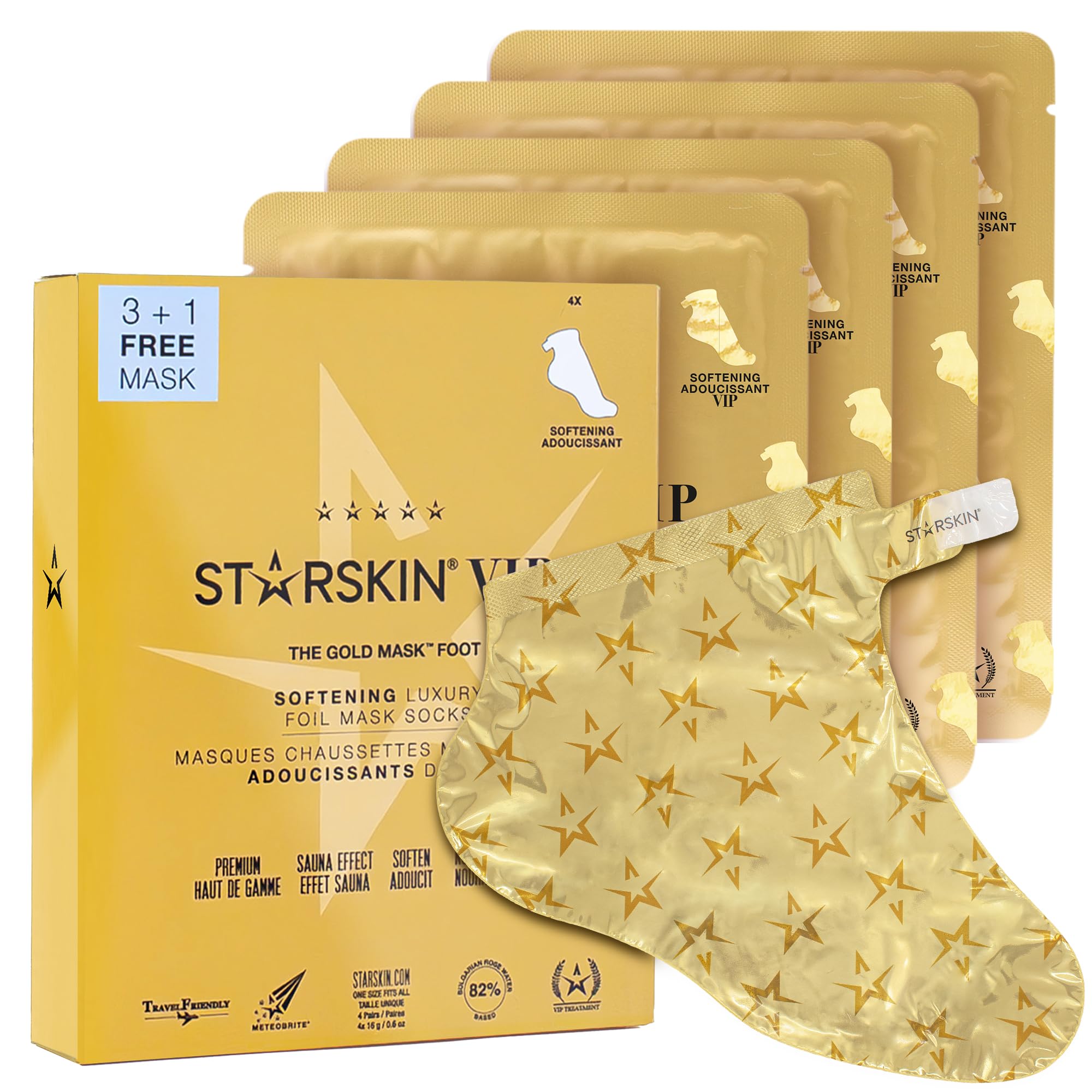 STARSKIN VIP Gold Mask (3+1), Masque Pieds Coréen Adoucissant, Hydratant et Nourrissant au Beurre de Karité et à l’Huile de Rose, Pour Tous Types de Peaux