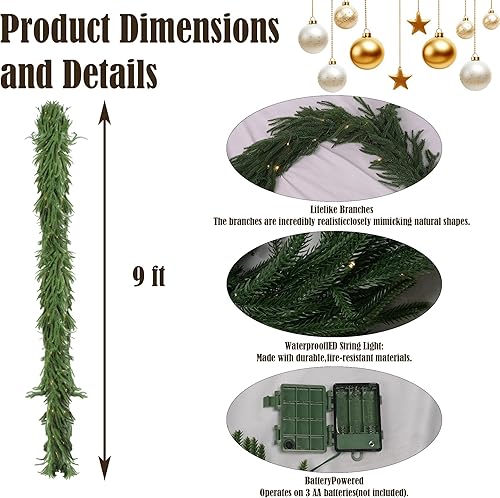Miniatura 2 de TW SHINE Guirnalda de Navidad preiluminada de 9 pies, 50 guirnaldas artificiales de pino Norfolk con 8 modos, guirnalda verde para interiores y