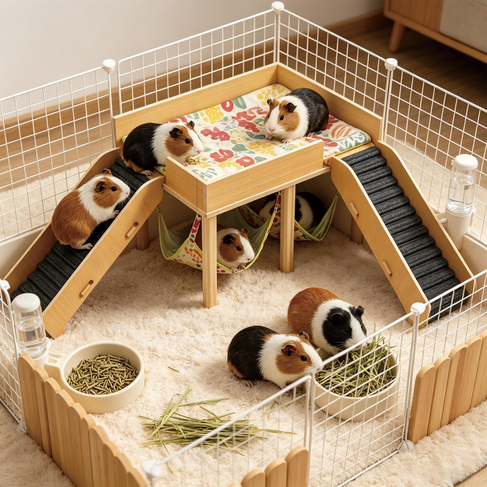 Meerschweinchen Haus aus Holz, Meerschweinchen Versteck mit Hängematte und Rampe, Kleine Haustiere Spielzeug Zubehoer, Versteck für Zwerg Hamster Rennmäuse Degus Stachelmäuse Kaninchen