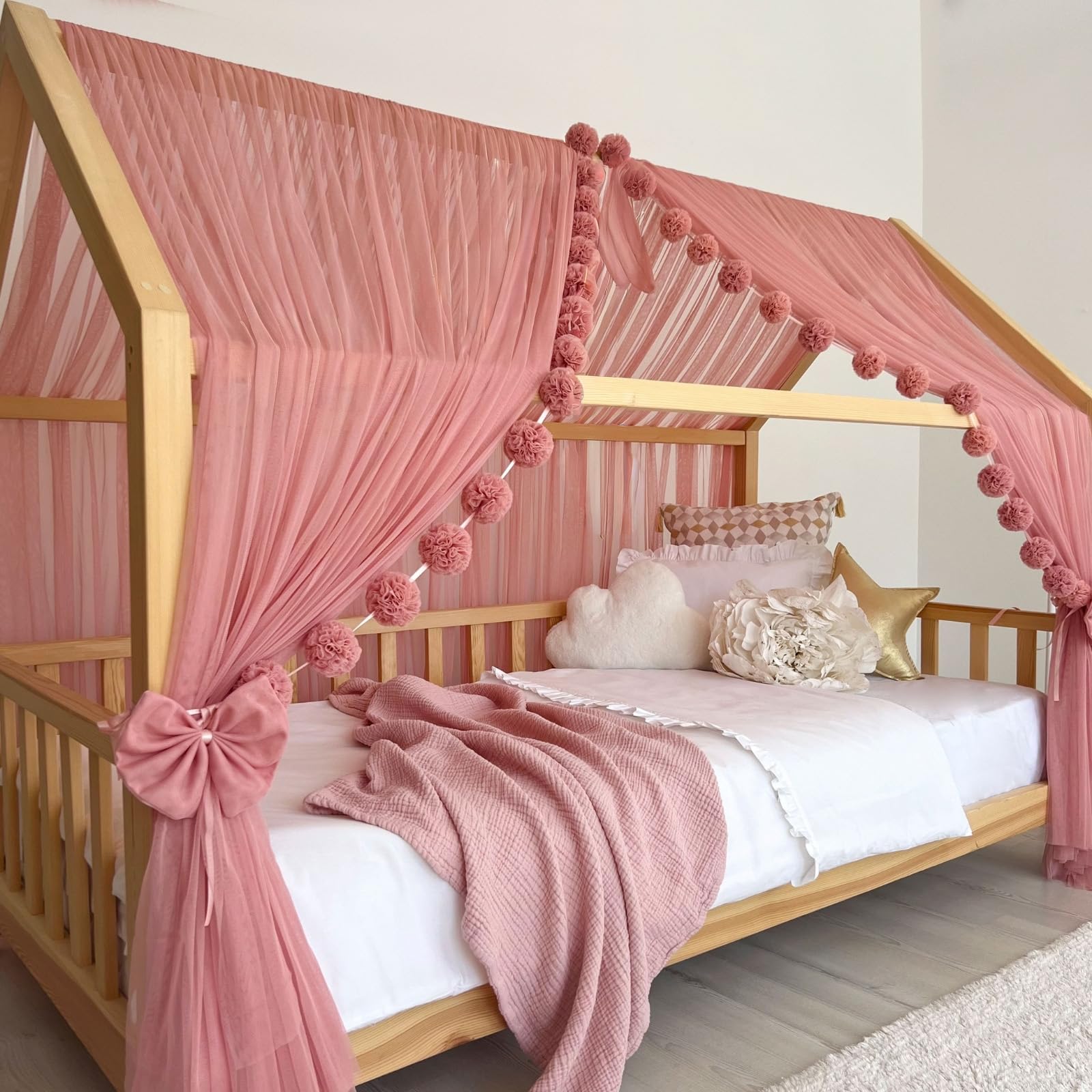 Tenda a baldacchino per letto della cameretta dei bambini, decorazione per letto montessori, tenda da gioco in morbido tulle per bambini (blu, 340 cm, set da 4)