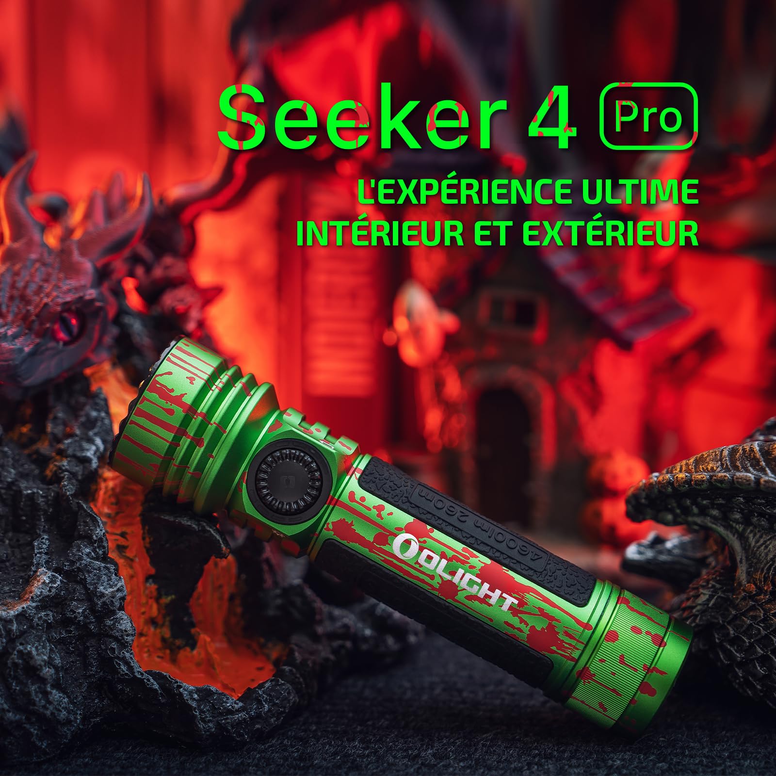 OLIGHT Seeker 4 Pro LED Rechargeable Lampe de Poche 4600 Lumens Portée 260 Mètres Ultra Puissante Militaire 5 Mode d'éclairage IPX8 Étanche Flashlight pour Sauvetage etc (Zombie Green)