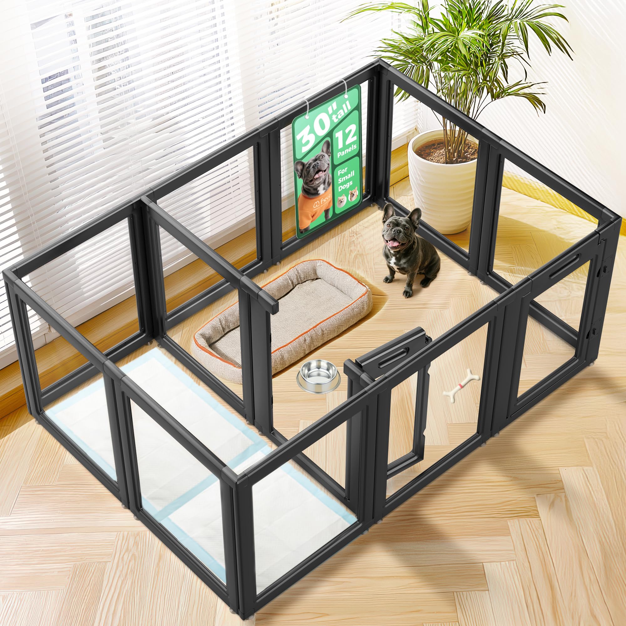 FXW AuraSpace Acrylic Indoor Dog Playpen for Small and Medium Dogs, 30 Inch, 12 Panels, Black