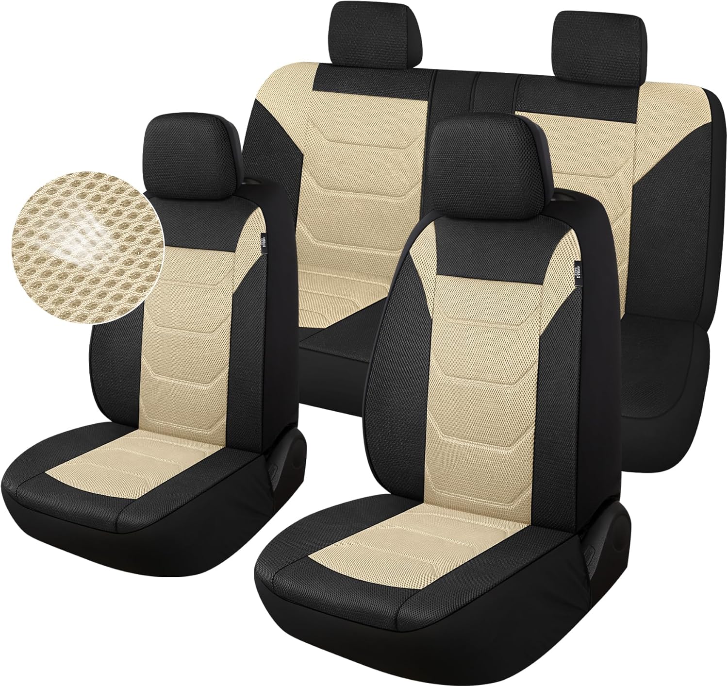 3D Air Mesh Car Seat Cover Full Sets Washable and Breathable Premium Cloth Automotive Vehicle Seat Covers for Cars Interior, Universal Fit for Most Cars, Sedan, Truck, SUV(Black/Beige)
