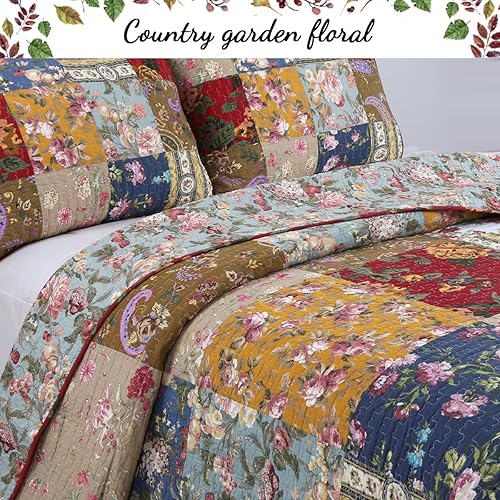 Miniatura 3 de Cozy Line Home Fashions - Juego de ropa de cama, edredón reversible 100% algodón, diseño floral campestre, tela de retazos, a cuadros, color rojo,