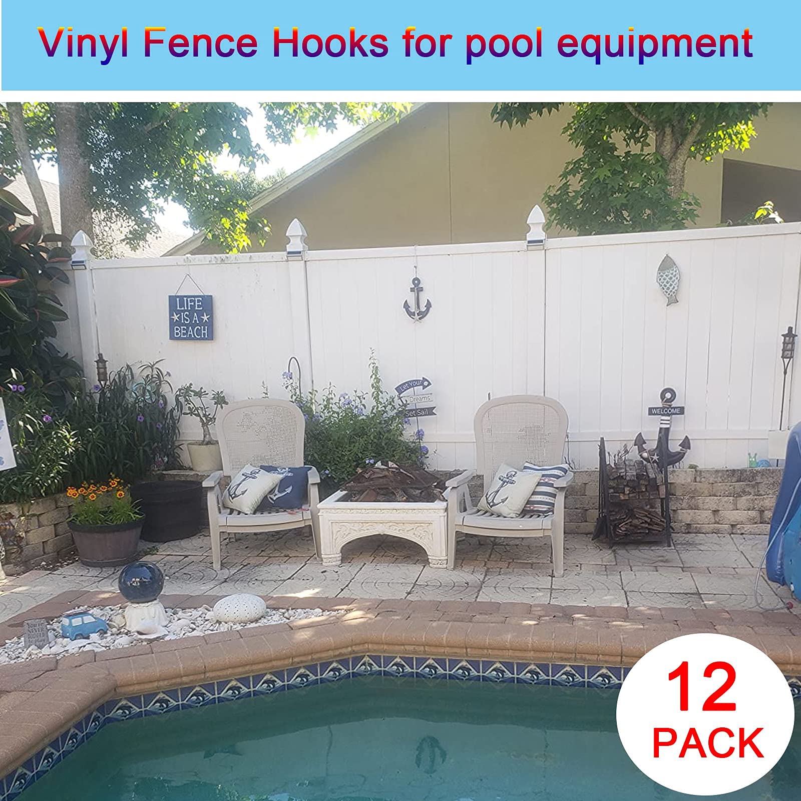 12 Pack Vinyl Fence Hooks,2 x 6 inch Fence Hangers Patio Light Hooks