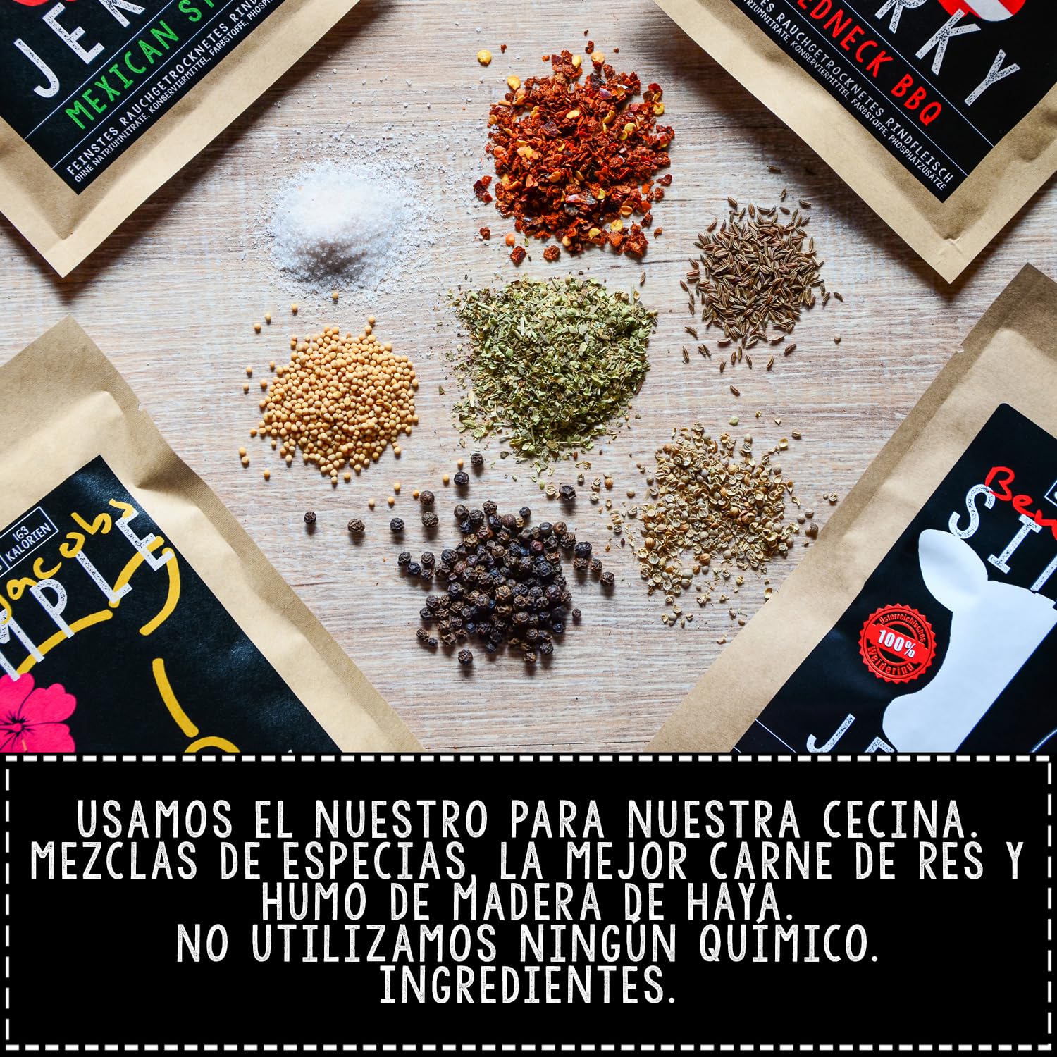 Beef Jerky Carne de vaca Caja de muestra de cecina, 5 x 50 g, carne de vacuno austriaca de primera calidad alimentada con pasto, sin aditivos ni conservantes (5 x 50g, Mixed Flavors)