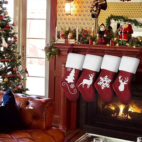 Miniatura 7 de Medias de Navidad juego de 4 Papá Noel muñeco de nieve reno personajes de Navidad peluche 3D con puño de piel sintética decoraciones de Navidad y