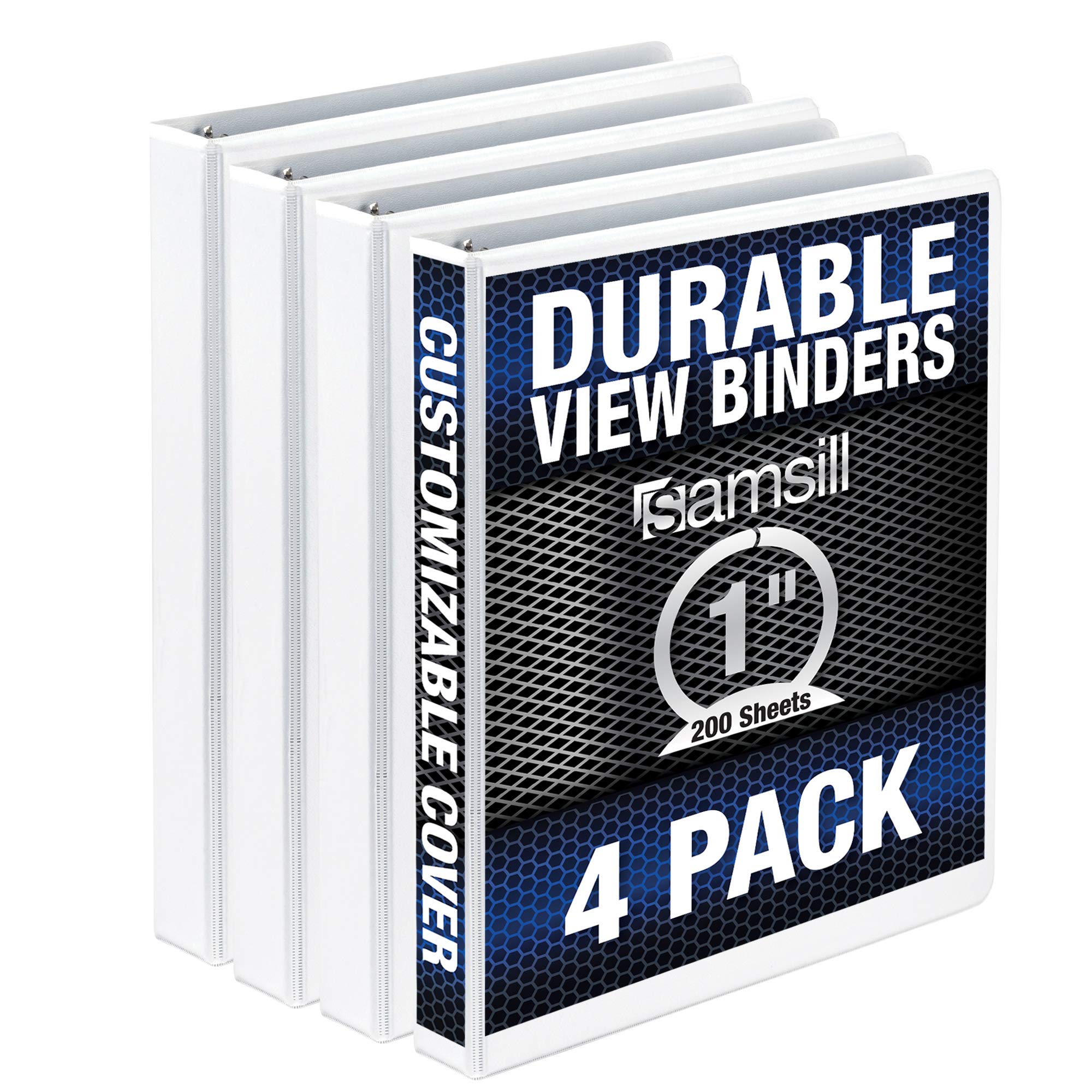 Samsill Durable 1 Inch Binder, Made in The USA, Round Ring Customizable Clear View Binder, White, 4 Pack (MP48437)