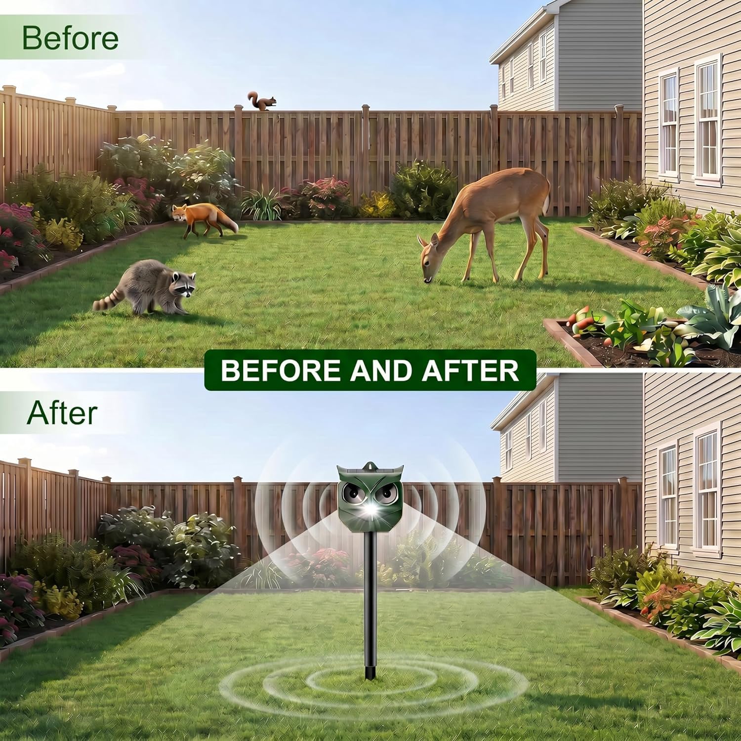 Lot de 2 répulsifs à ultrasons solaires pour animaux avec lumières LED clignotantes – dissuasif extérieur pour écureuils, cerfs, ratons laveurs, lapins, mouffettes, chiens – Protège le jardin, la cour