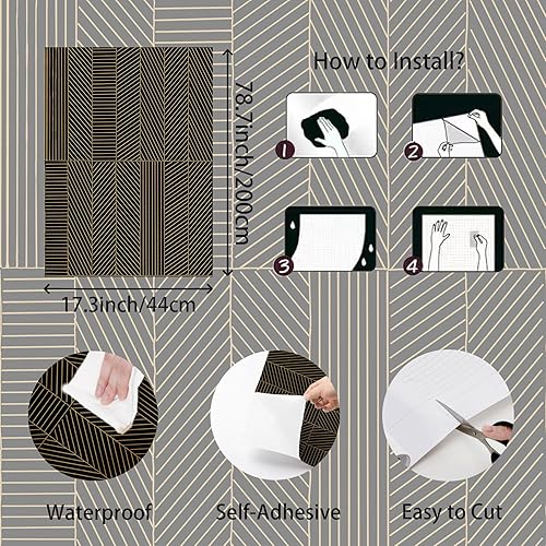 Miniatura 3 de Papel tapiz moderno de despegar y pegar de 17.3 x 78.8 pulgadas, papel de pared autoadhesivo con rayas geométricas, papel tapiz dorado y blanco,
