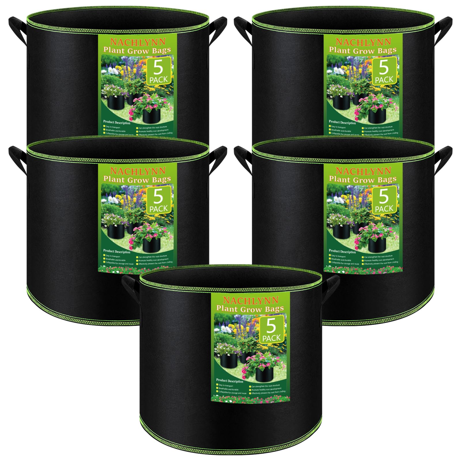NACHLYNN 5-Pack 15 Gallon Grow Bags