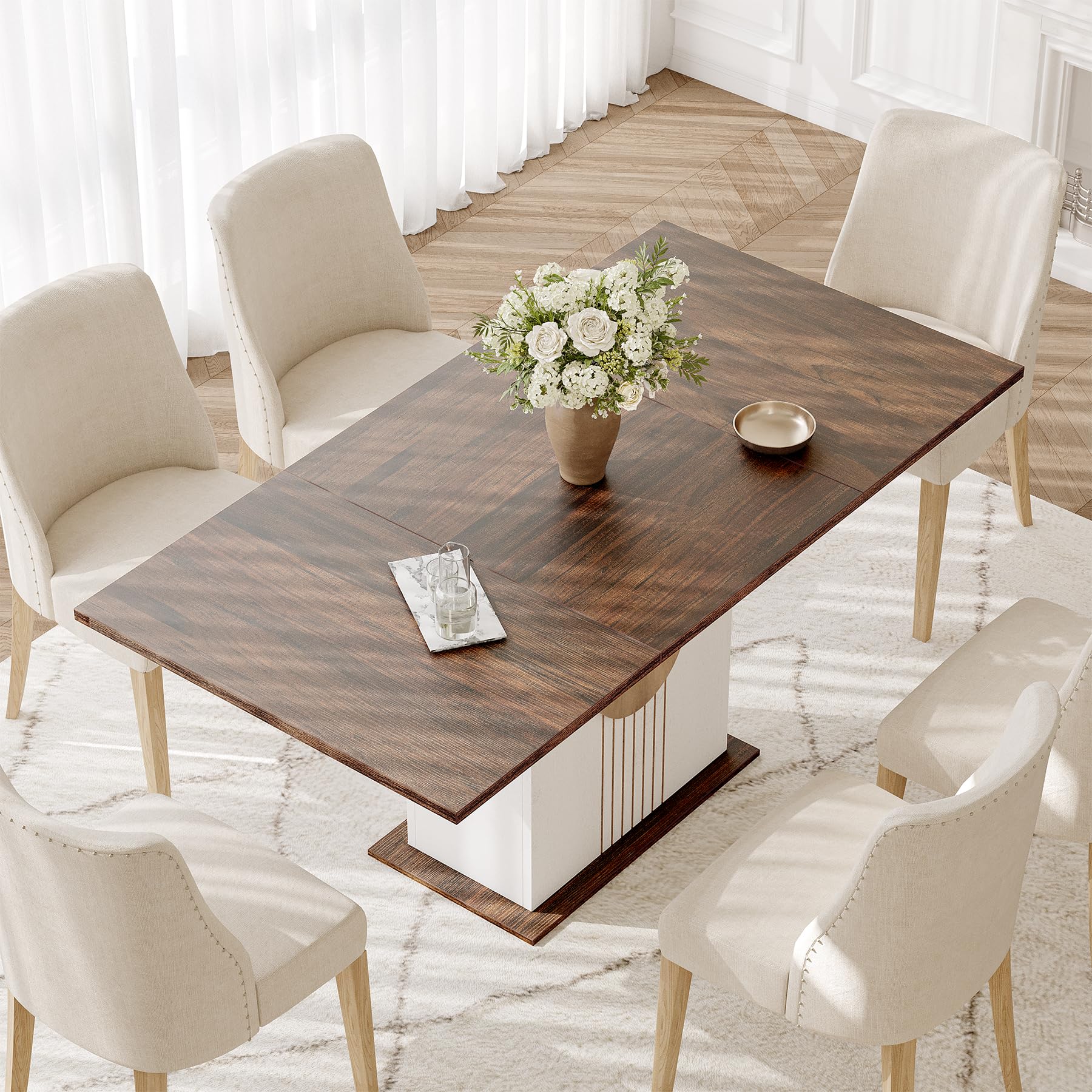 LITTLE TREE Rectangle Dining Table, Modern Kitchen Table Set for 6, Wooden Furniture with Heavy Duty Base, Modern Furniture for Home, Dining Room,