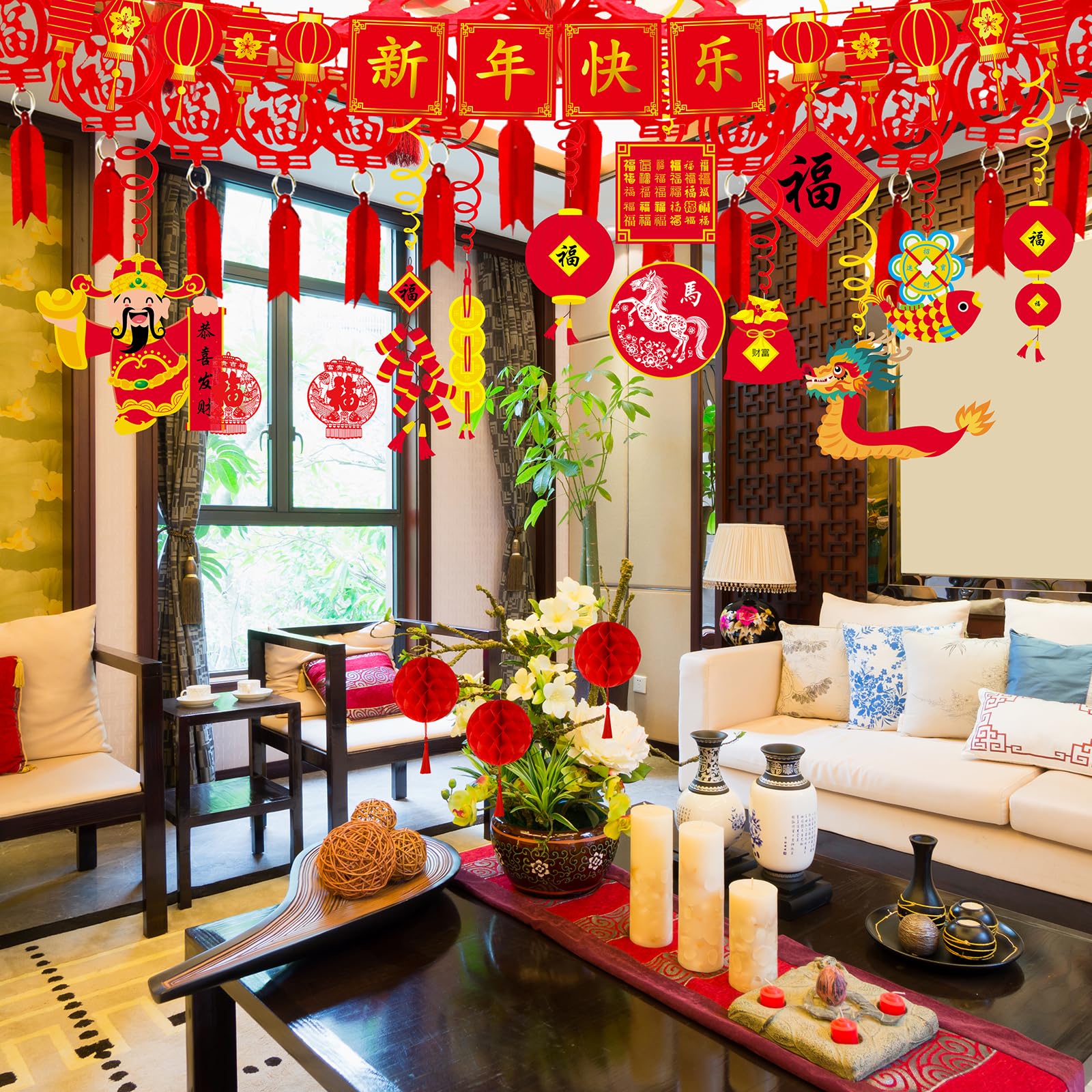 Winlyn Bulk Capodanno cinese Decorazioni per feste orientali da appendere lanterne rosse ghirlanda fortunata festa turbinii Capodanno Banner a nido d'ape palle per Capodanno lunare asiatico Capodanno
