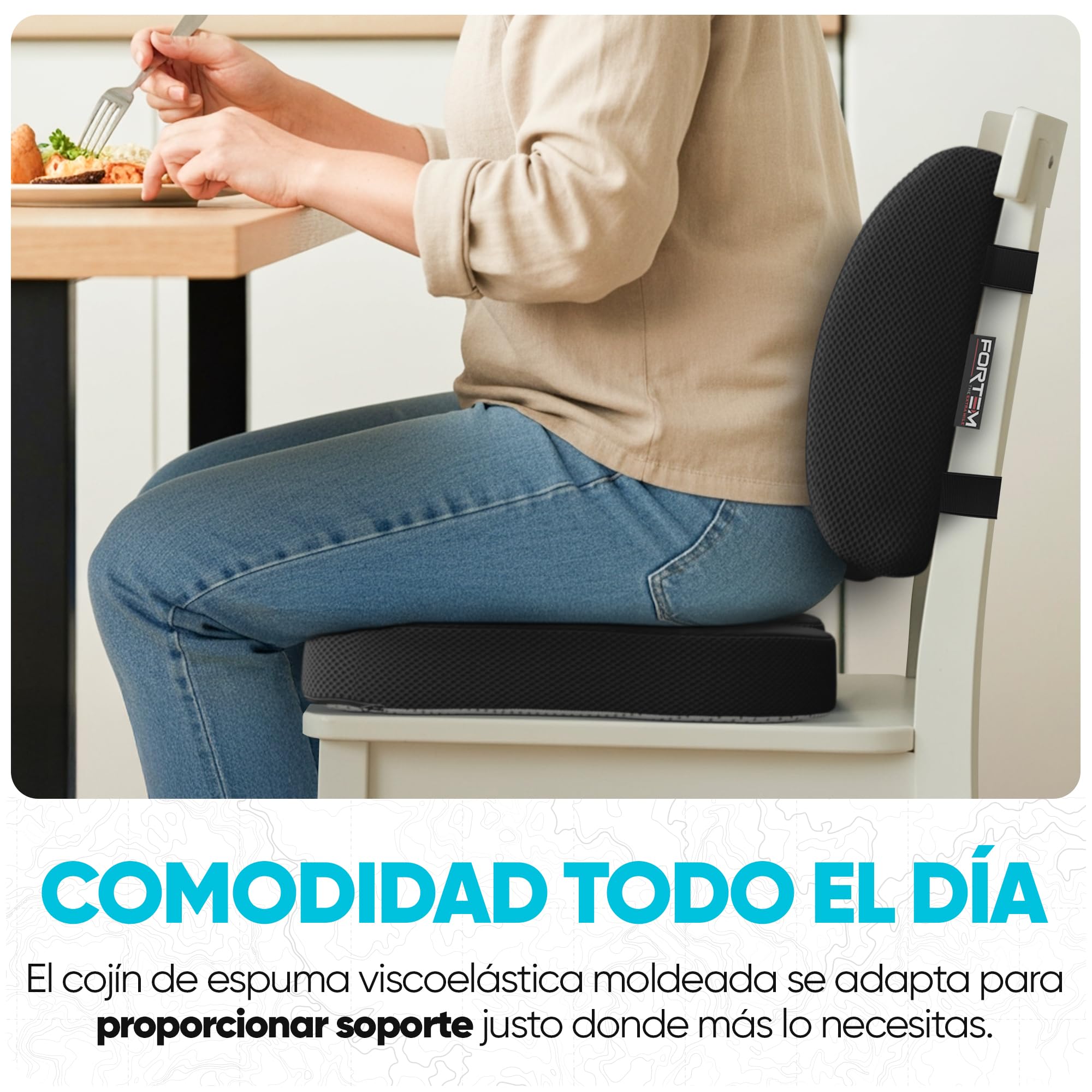 FORTEM Pack Cojín Silla Oficina y Almohada Lumbar - Cojín para Silla Ordenador en Forma De U y Almohada Lumbar con Espuma Viscoelástica para Asiento Coche, Gaming, Trabajo - Fundas Lavables