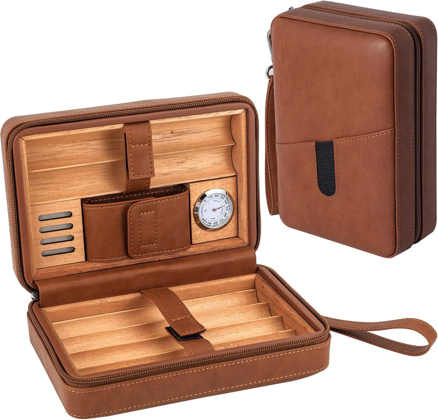 Goshentech Cigar case, Leather cedar wood cigar humidor case,Capacity: 6 pcs Portable travel cigar humidor box with humidifier (Brown)
