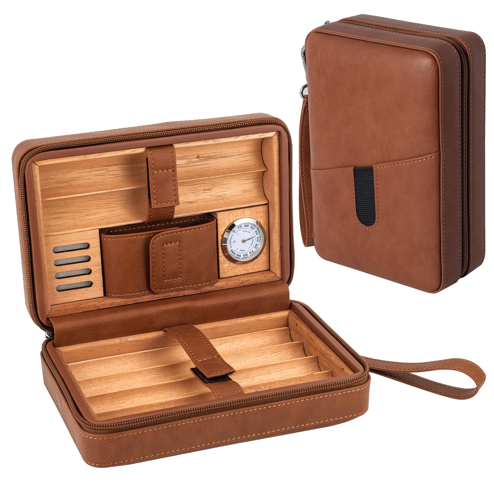 Humidor Cedar Wood Lined Leather Case Capacity 6 pcs Built in Hygrometer & Humidifier,Holder Portable Travel Humidor Kit(Brown)-image-43