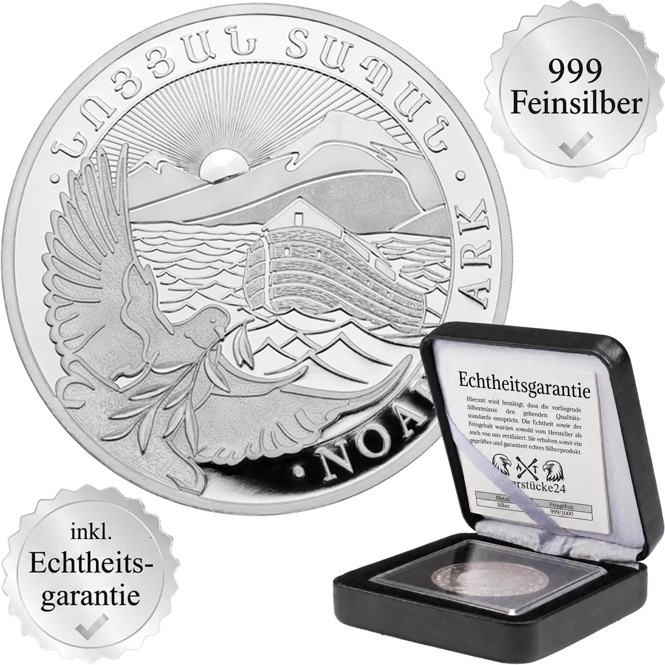 Silbermünze Arche Noah | Aktueller Jahrgang | Feinsilber 999 | In Münzkapsel & schwarzem Etui | Inkl. Grußkarte und Echtheitsgarantie | Geschenk zur Taufe & Taufmünze (1/4 oz)