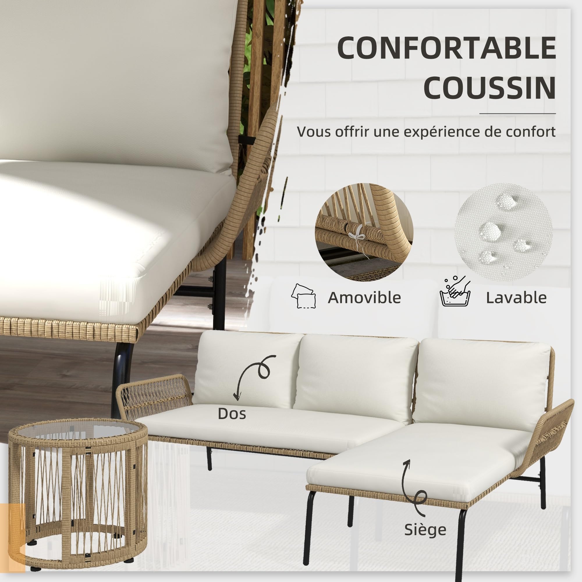 Outsunny Salon de Jardin Extérieur d'angle 3 Places Modulable Patio Crème | Résine Tressée, Canapés, Chaise Longue, Table Basse en Verre, Coussins, Mobilier de Jardin, Terrasse