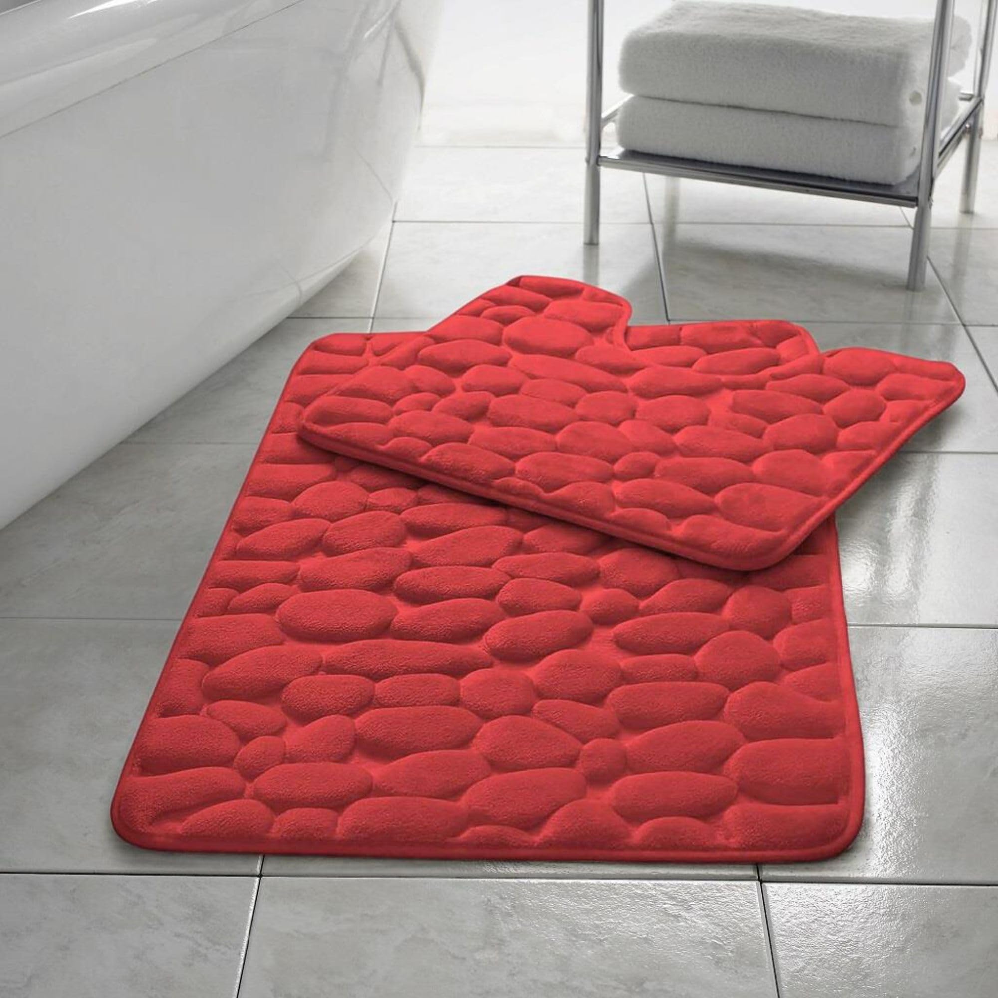 HomeSpace Direct Pebbles Non- Slip Memory Foam Bath Mat/Toilet Mat Set Red